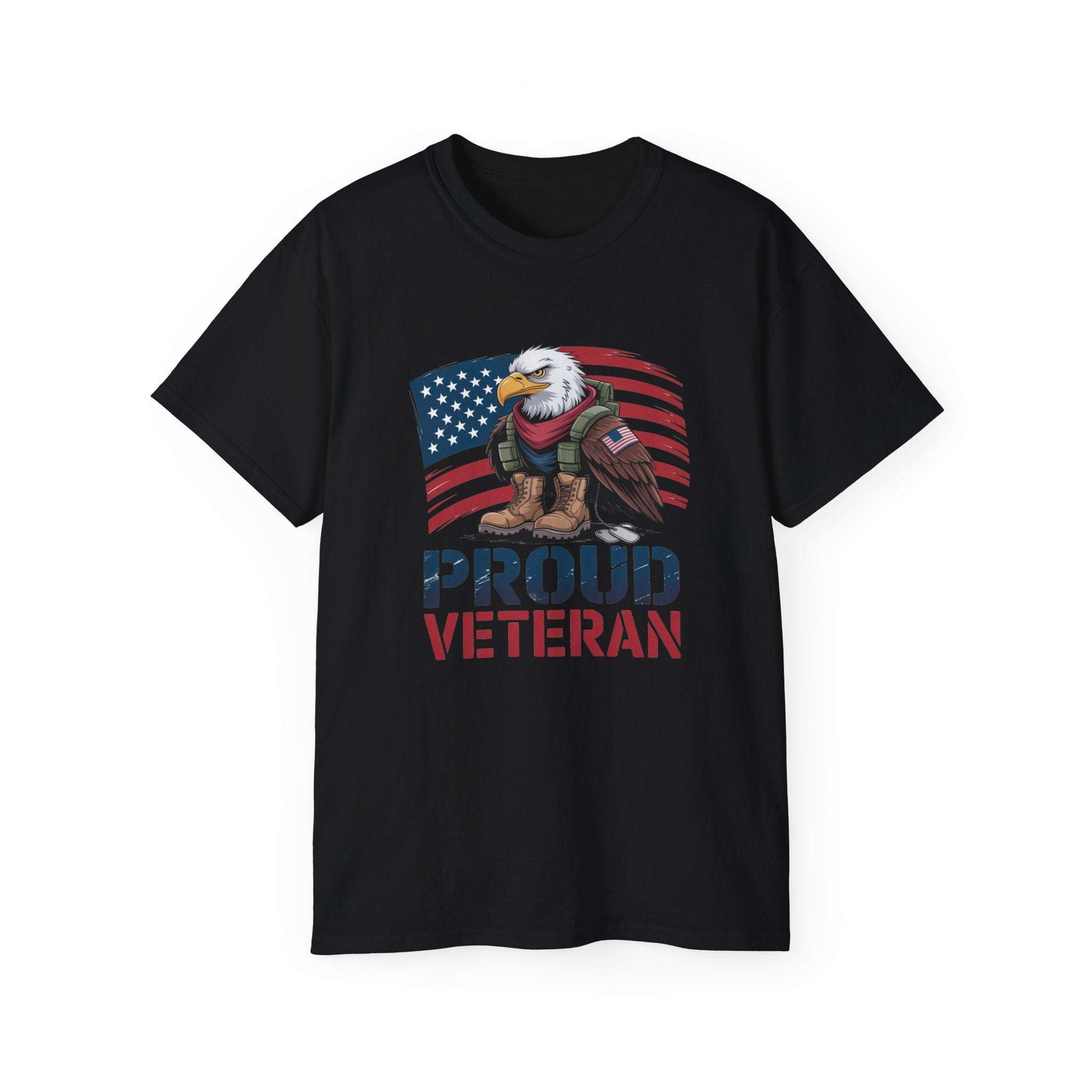 White unisex t-shirt featuring 'Proud Veteran' graphic, soft cotton material, available in sizes S, M, L from Printify.