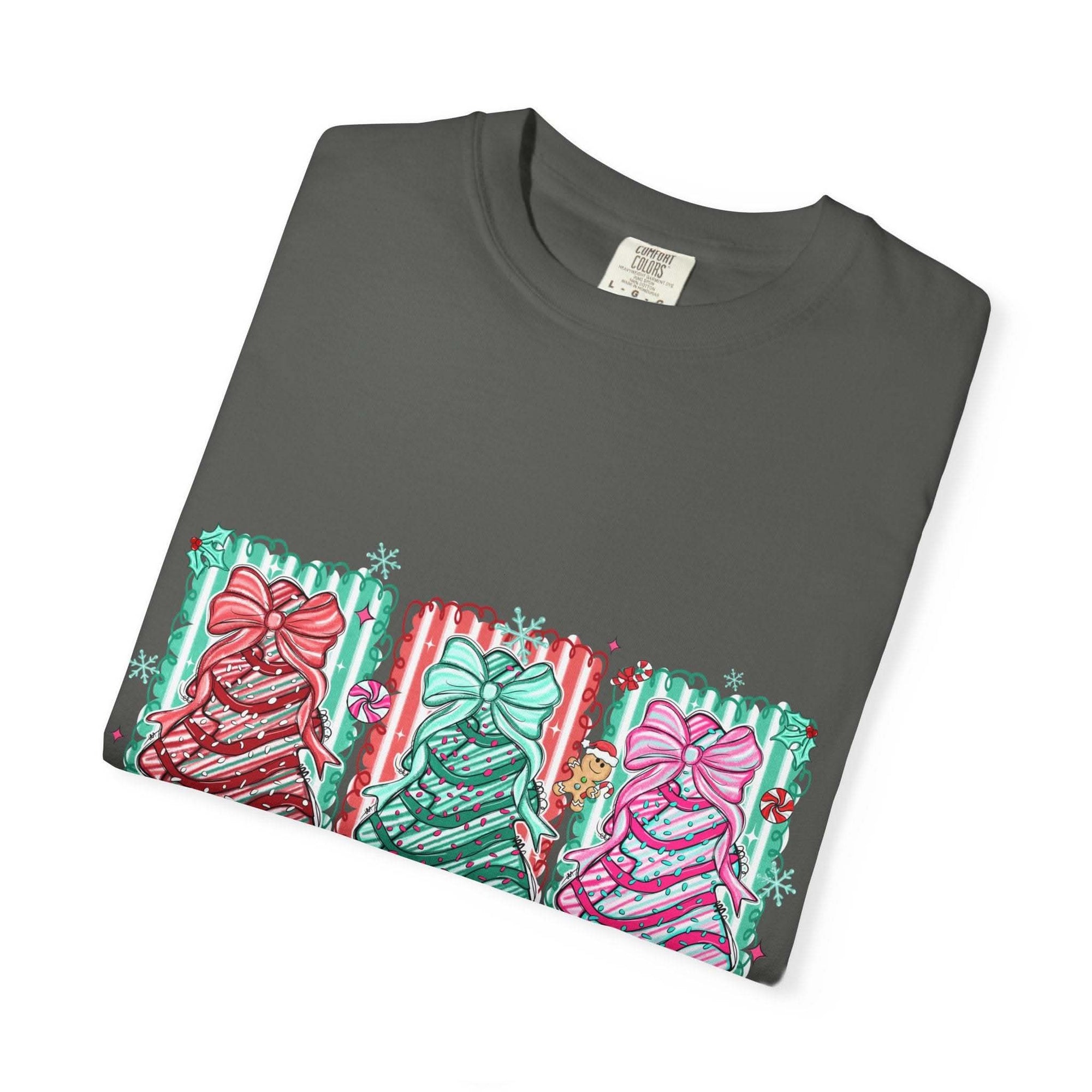 Oh Christmas Tree T-shirt with colorful decorated Christmas trees on cream garment-dyed fabric