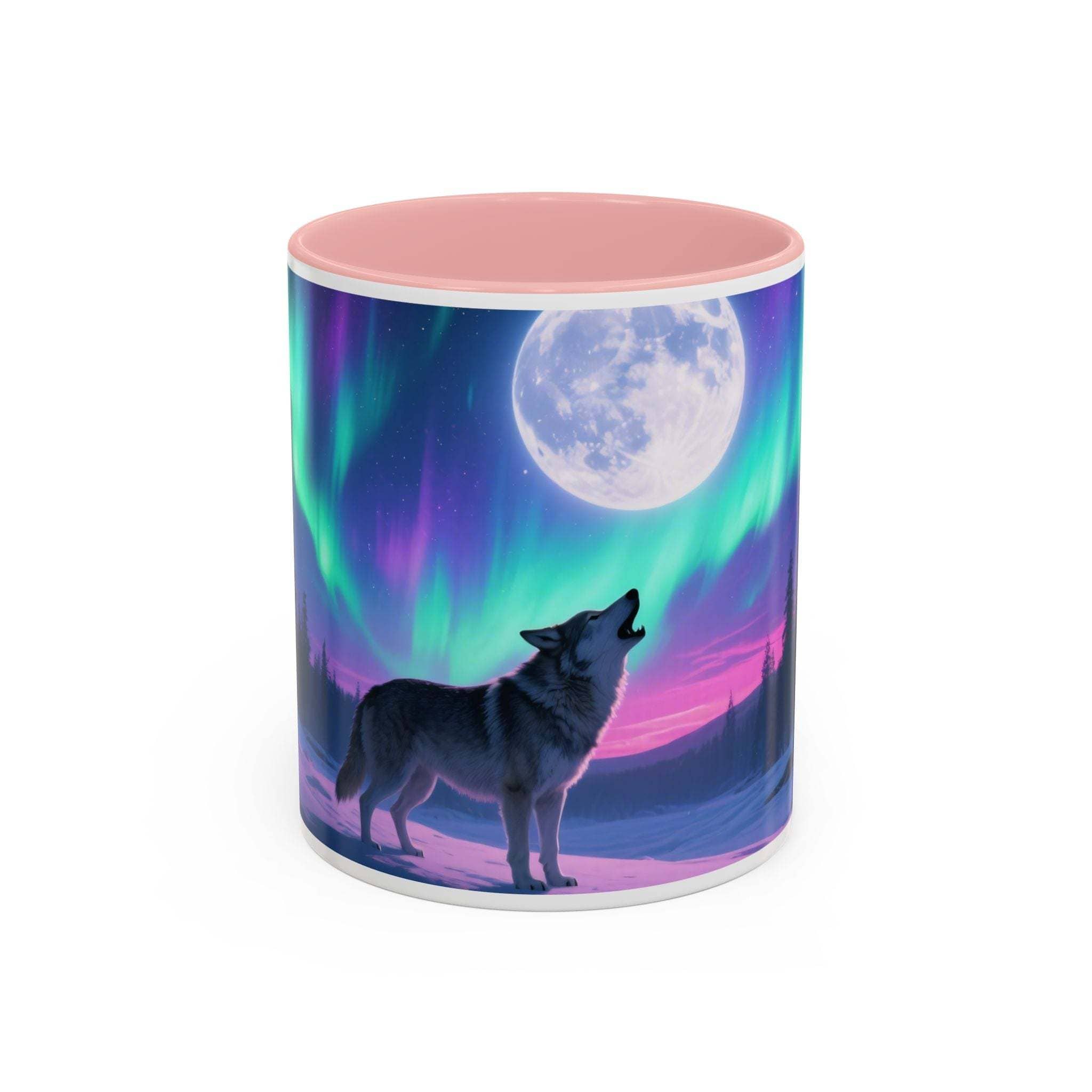 Ceramic coffee mug featuring vibrant wolf design under Aurora Borealis, available in black, navy, and pink - Printify