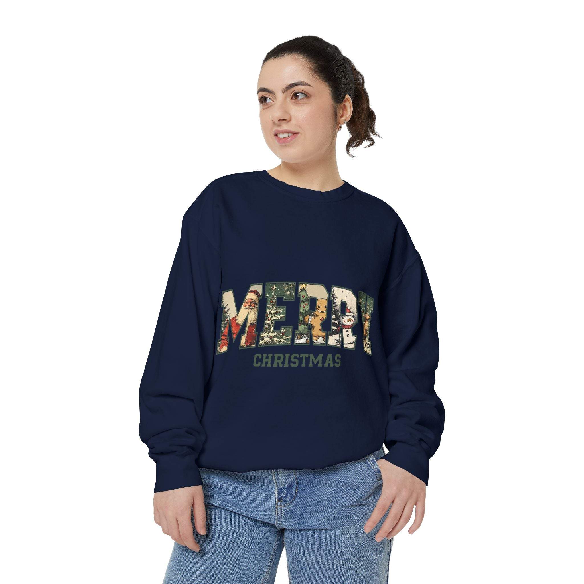 Vintage Varsity Merry Christmas navy sweatshirt with festive print and relaxed fit