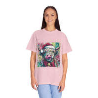 Woman wearing a pink Retro Santa Highland Cow T-shirt with festive design