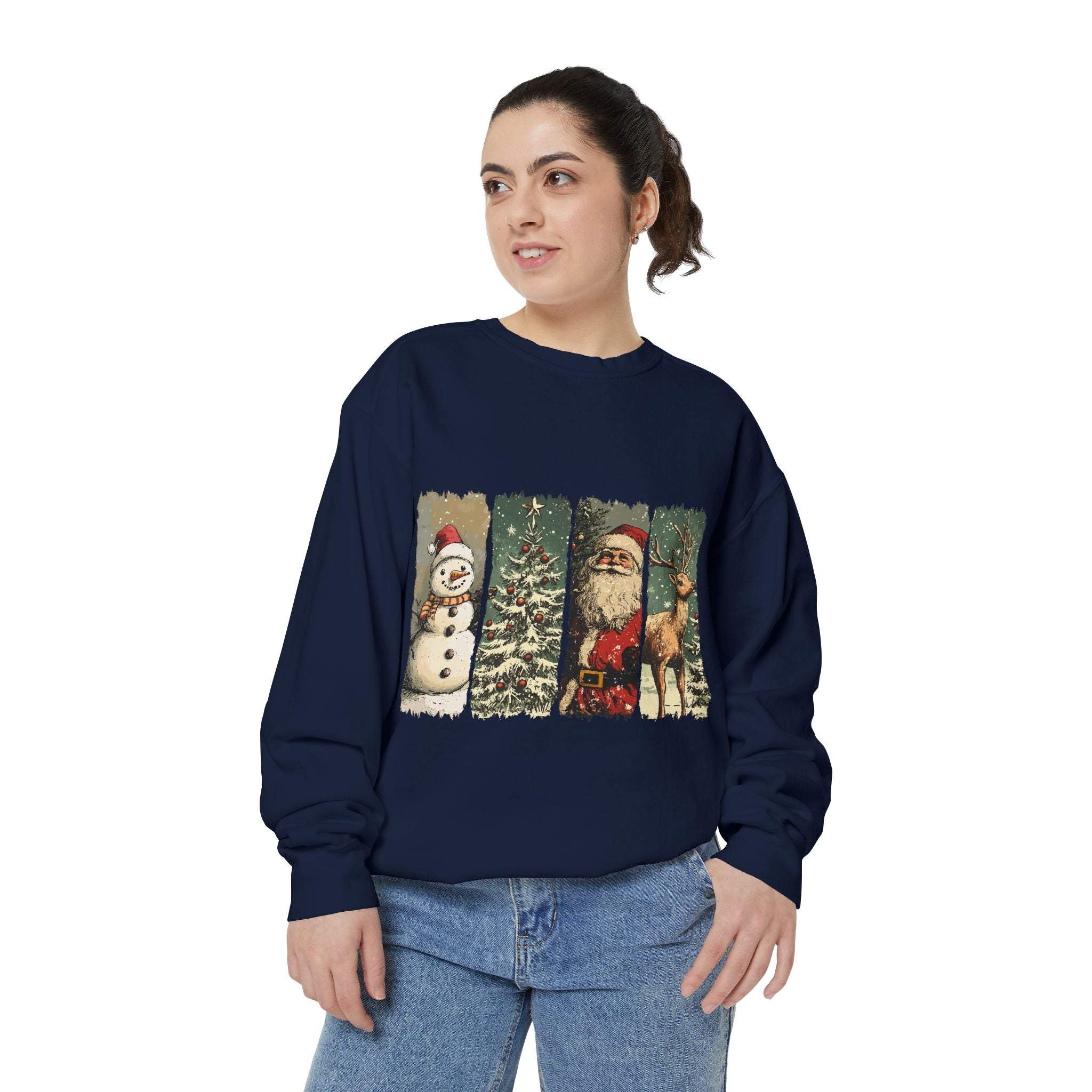 Woman wearing vintage Christmas sweatshirt with watercolor snowman, tree, Santa, and reindeer design on navy blue fabric