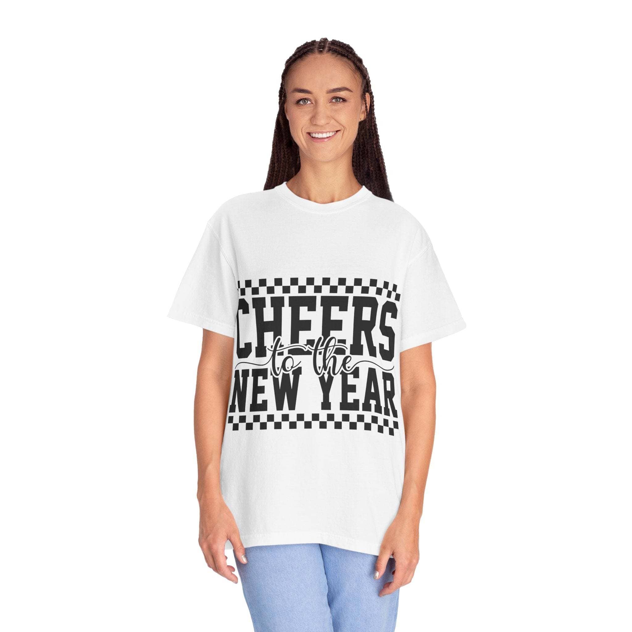 Relaxed fit Cheers for the New Year T-Shirt with vintage garment-dyed design and soft comfort for casual holiday celebrations