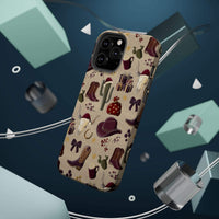 Cowboy Christmas design phone case for iPhone 17 in glossy finish by Printify, featuring festive colors and patterns.