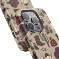 Cowboy Christmas design phone case for iPhone 17 in glossy finish by Printify, featuring festive colors and patterns.