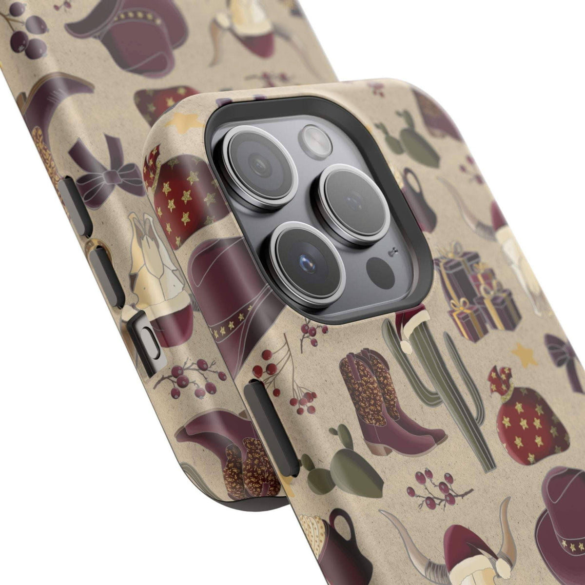 Cowboy Christmas design phone case for iPhone 17 in glossy finish by Printify, featuring festive colors and patterns.