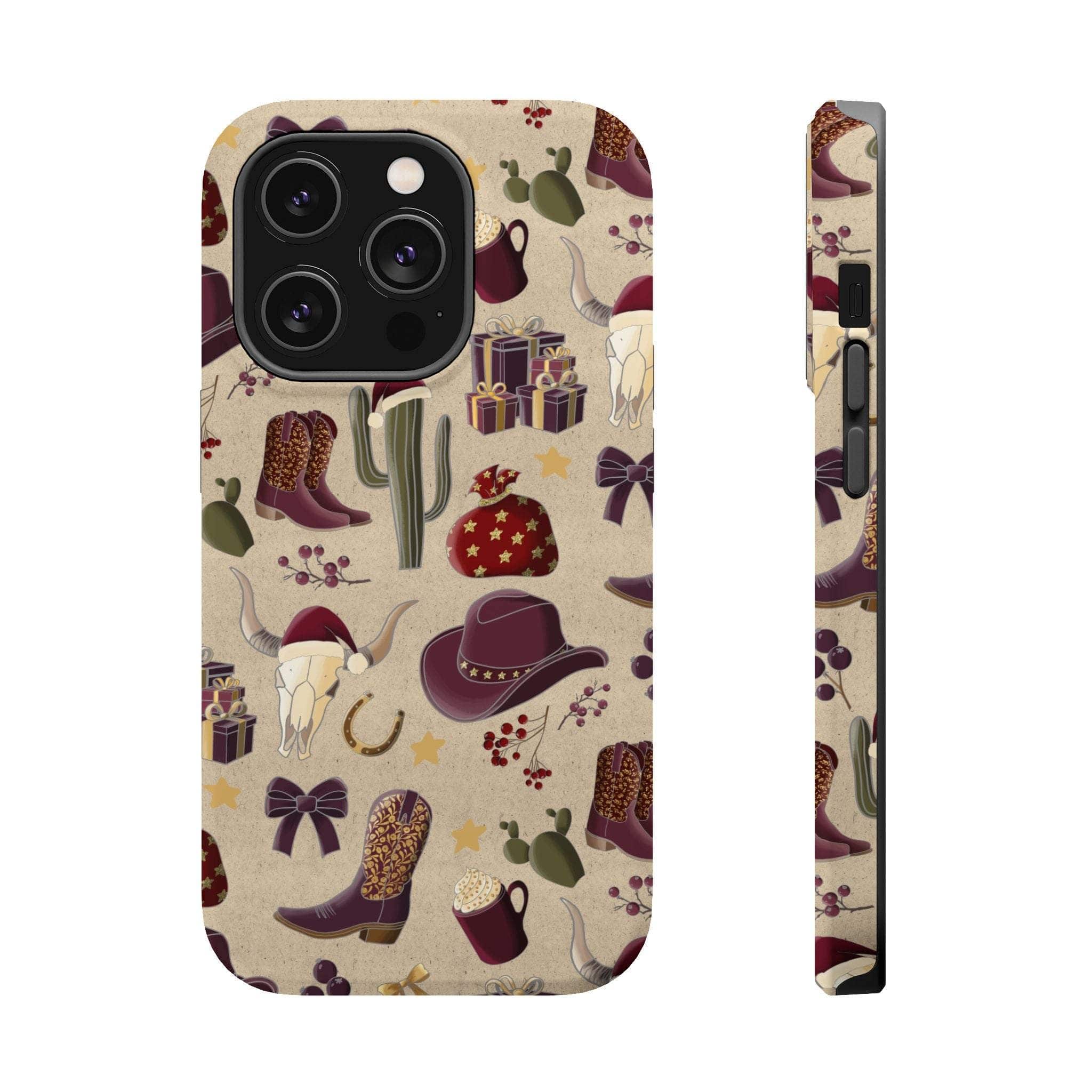 Cowboy Christmas design phone case for iPhone 17 in glossy finish by Printify, featuring festive colors and patterns.