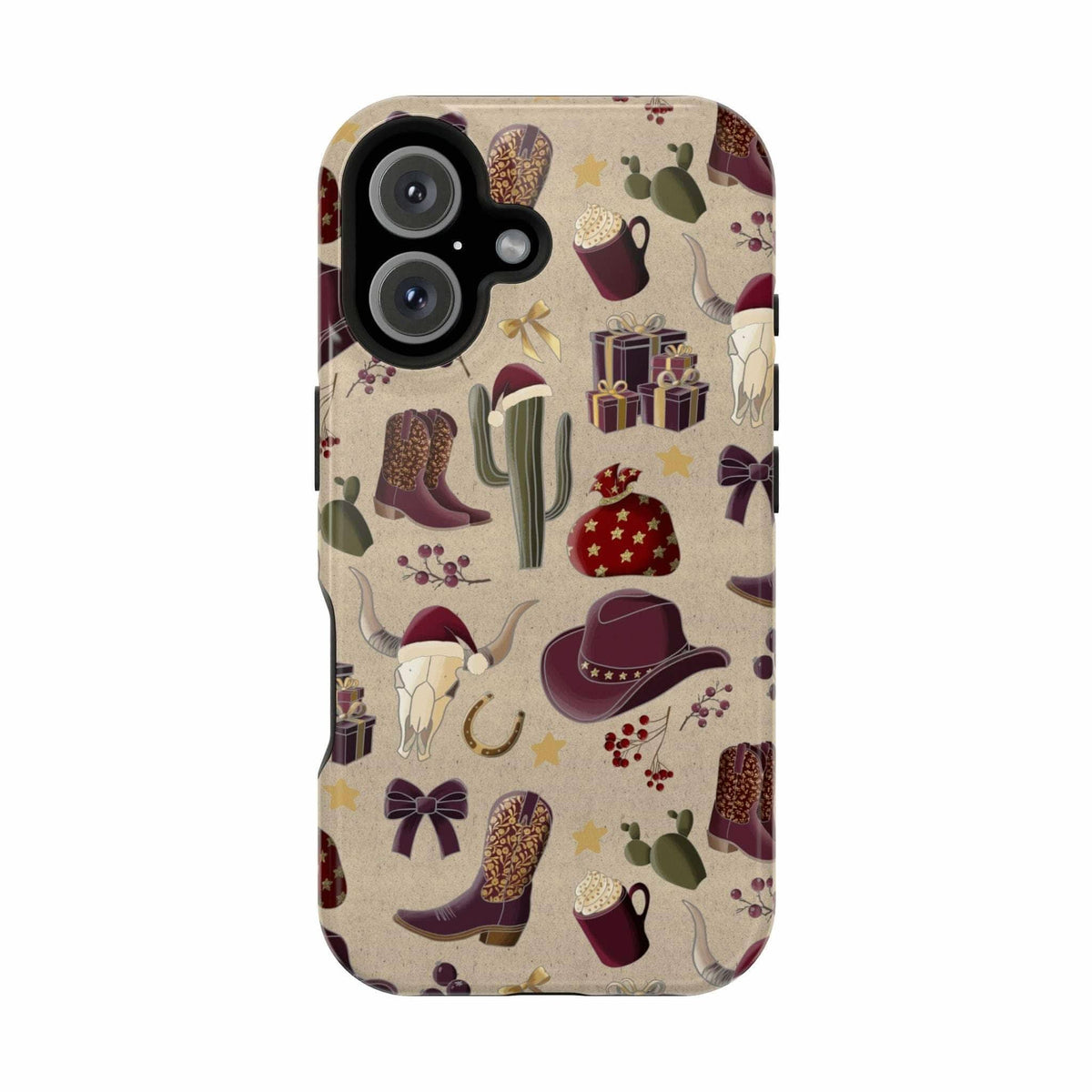 Cowboy Christmas design phone case for iPhone 17 in glossy finish by Printify, featuring festive colors and patterns.