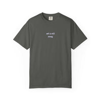 Gray t-shirt with white text on a white background