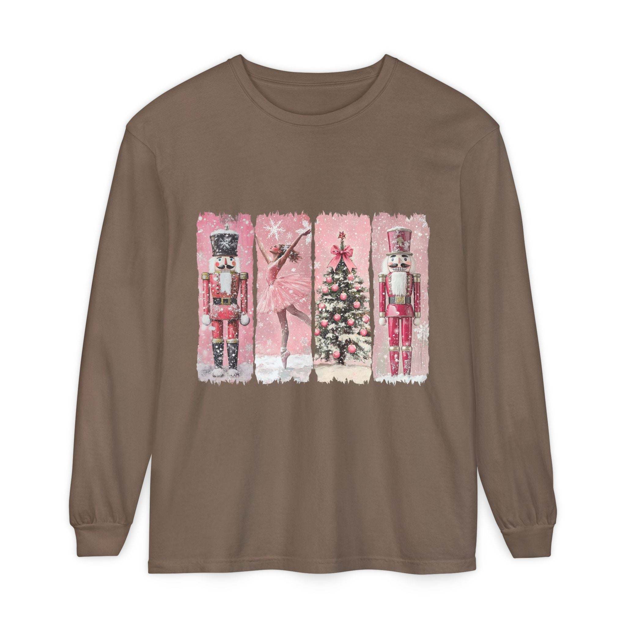 Brown long sleeve t-shirt with pink watercolor Nutcracker Christmas design