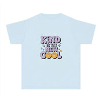 Black youth tee with 'Kind is the new Cool' print, by Printify, perfect for back-to-school fashion