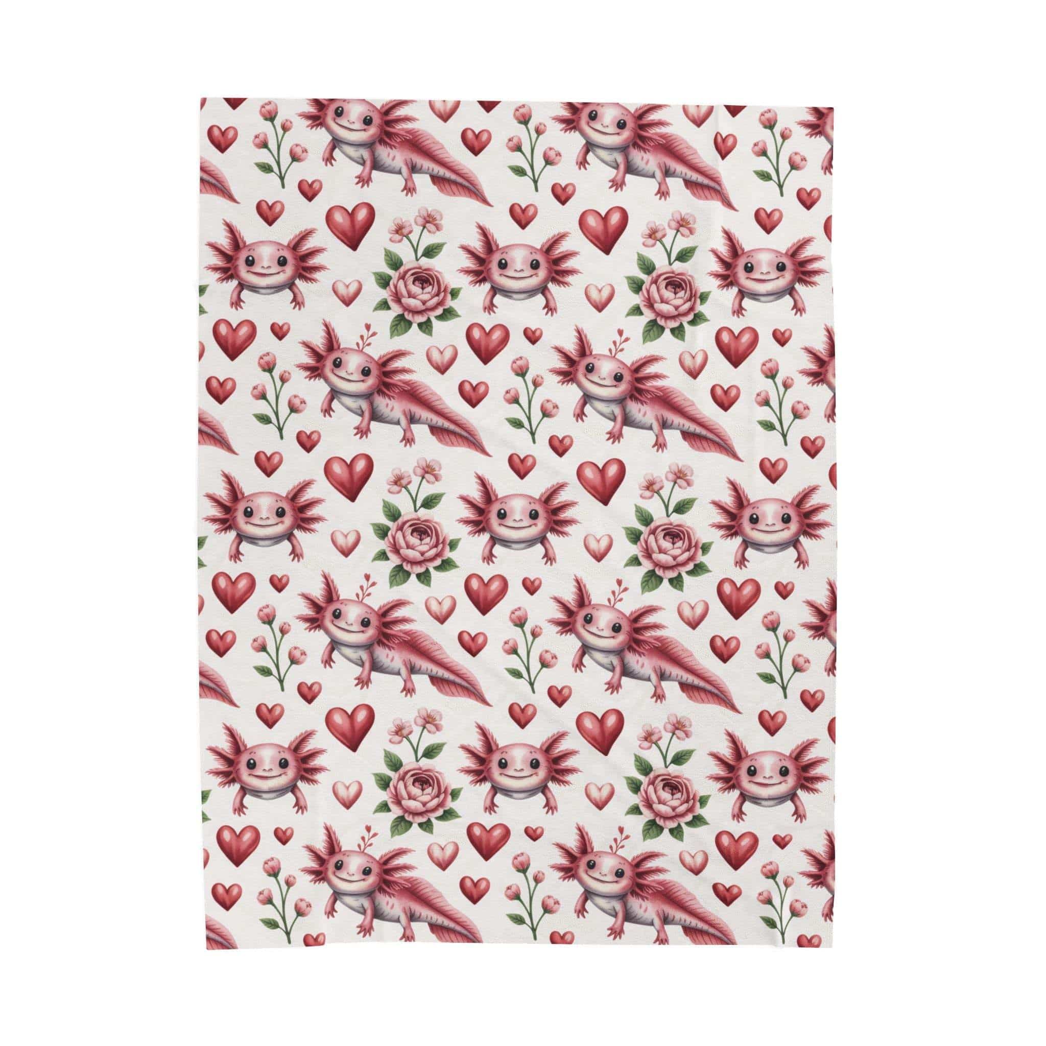Soft velvety blanket with a vibrant floral axolotl and heart design for cozy Valentine’s comfort