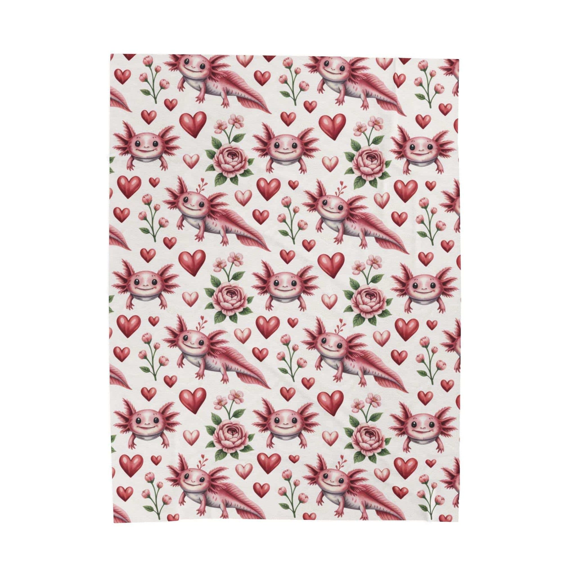 Soft velvety blanket with a vibrant floral axolotl and heart design for cozy Valentine’s comfort