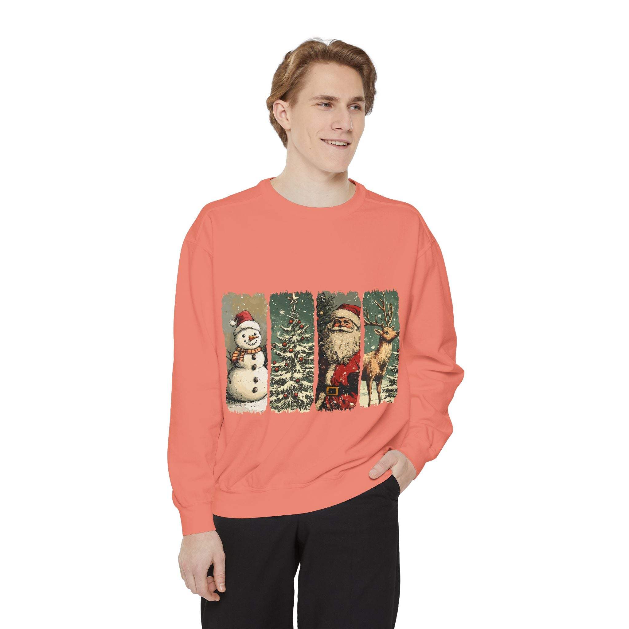 Man wearing vintage Christmas sweatshirt with watercolor swatch holiday design