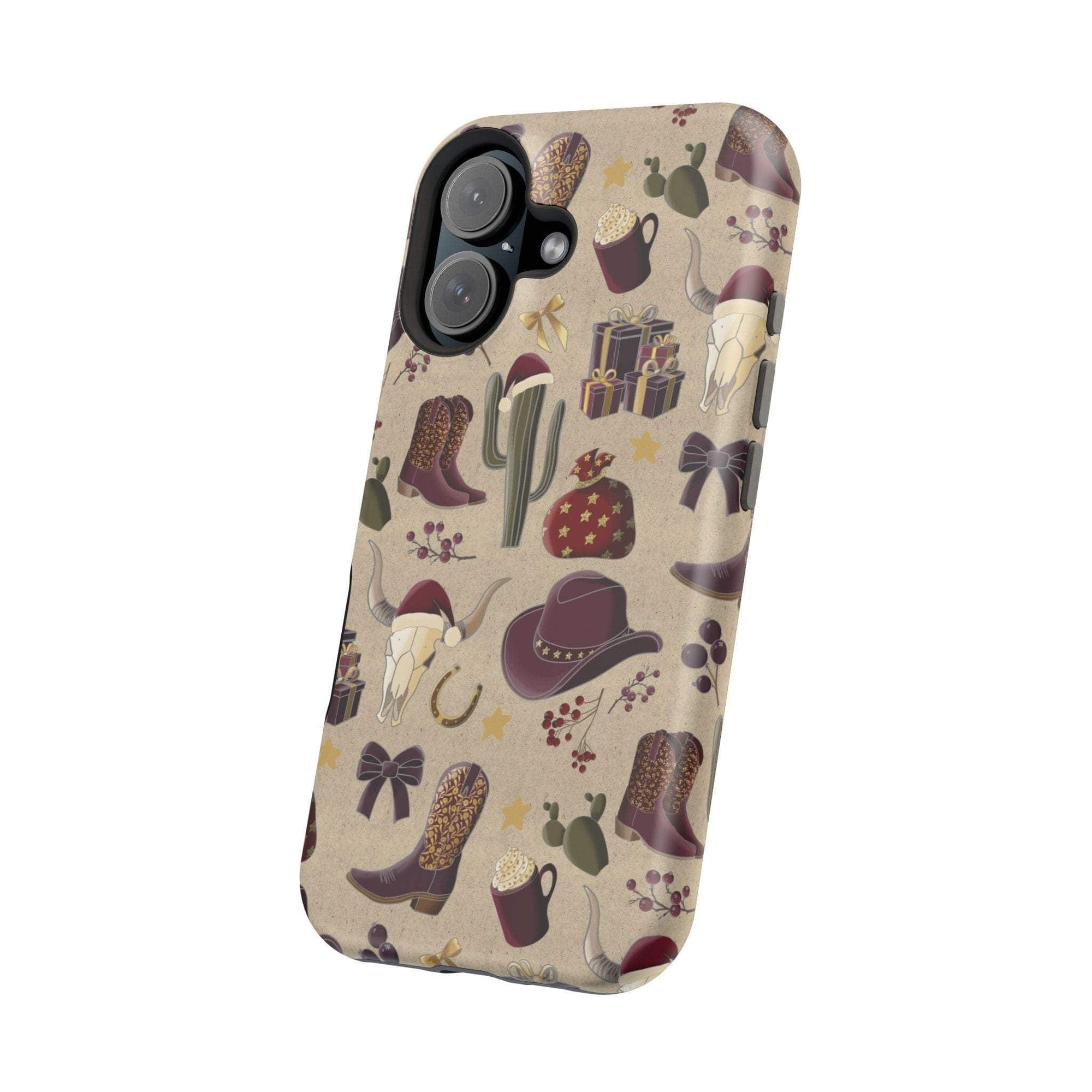 Cowboy Christmas design phone case for iPhone 17 in glossy finish by Printify, featuring festive colors and patterns.