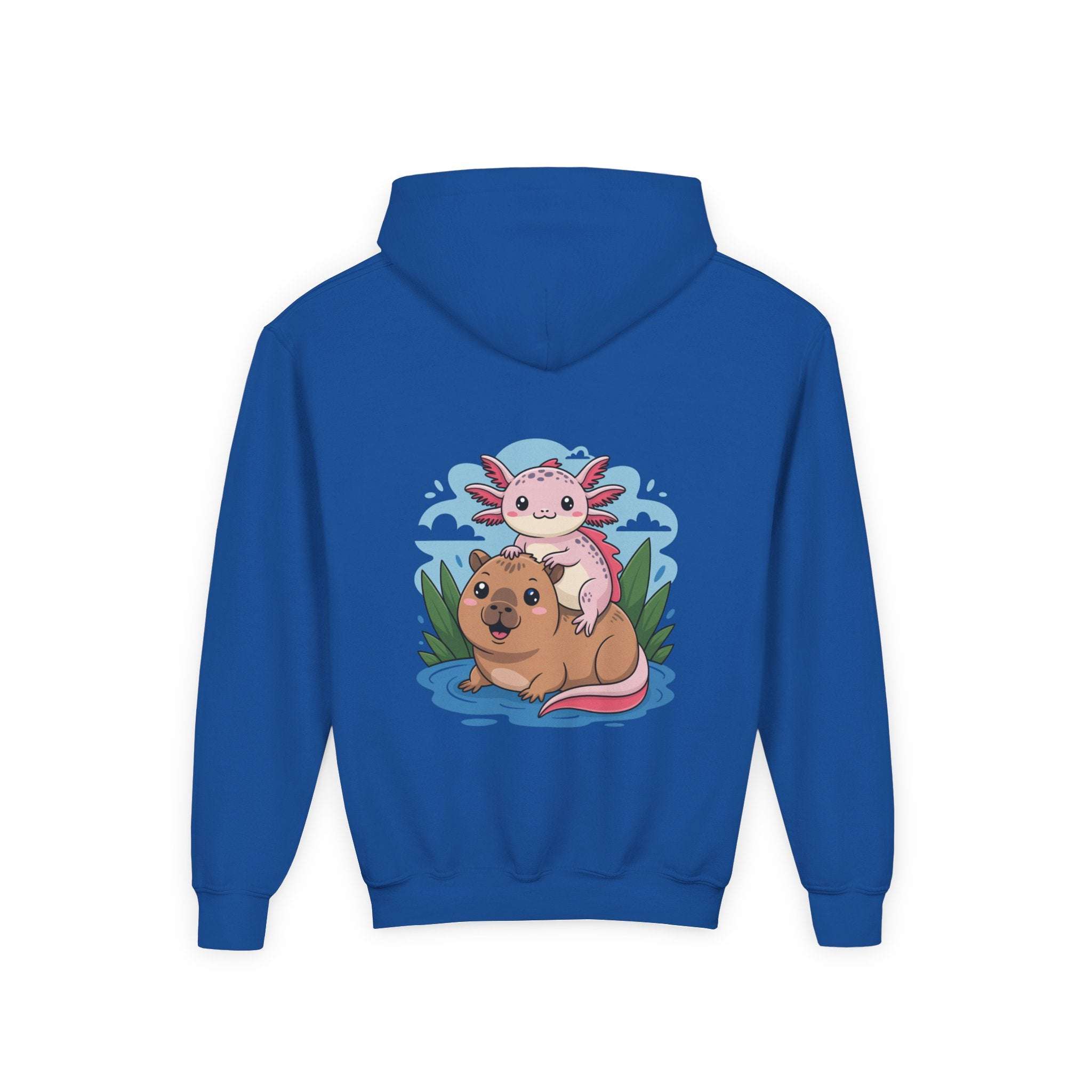 Youth hoodie with playful axolotl and capybara design in soft cotton-poly blend