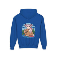 Youth hoodie with playful axolotl and capybara design in soft cotton-poly blend