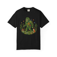 Forest Sasquatch illustration t-shirt with floral woodland Bigfoot design and fox companion in circular nature scene
