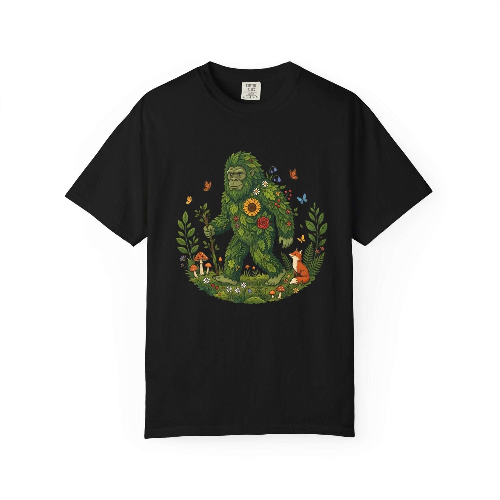 Forest Sasquatch illustration t-shirt with floral woodland Bigfoot design and fox companion in circular nature scene