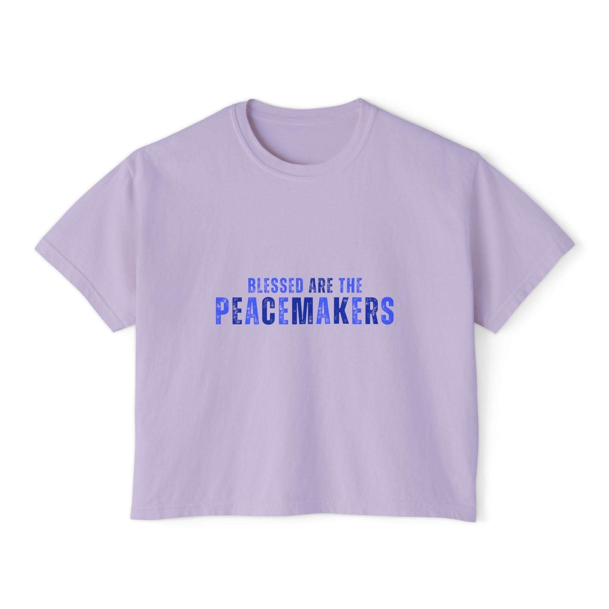 Light purple women's boxy tee with "Blessed be the Peacemakers" text in blue, vintage pigment dye, 100% cotton