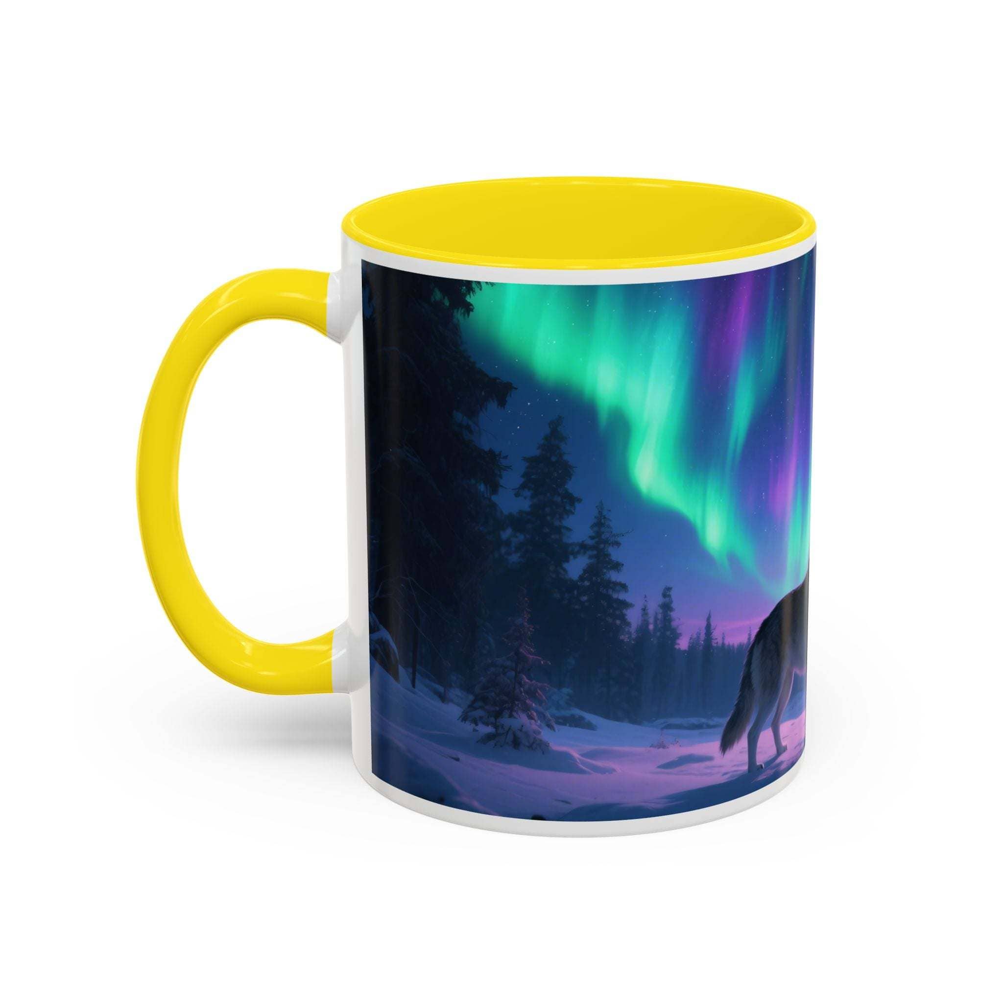 Mug with a design of a wolf under the Northern Lights, yellow handle and rim.