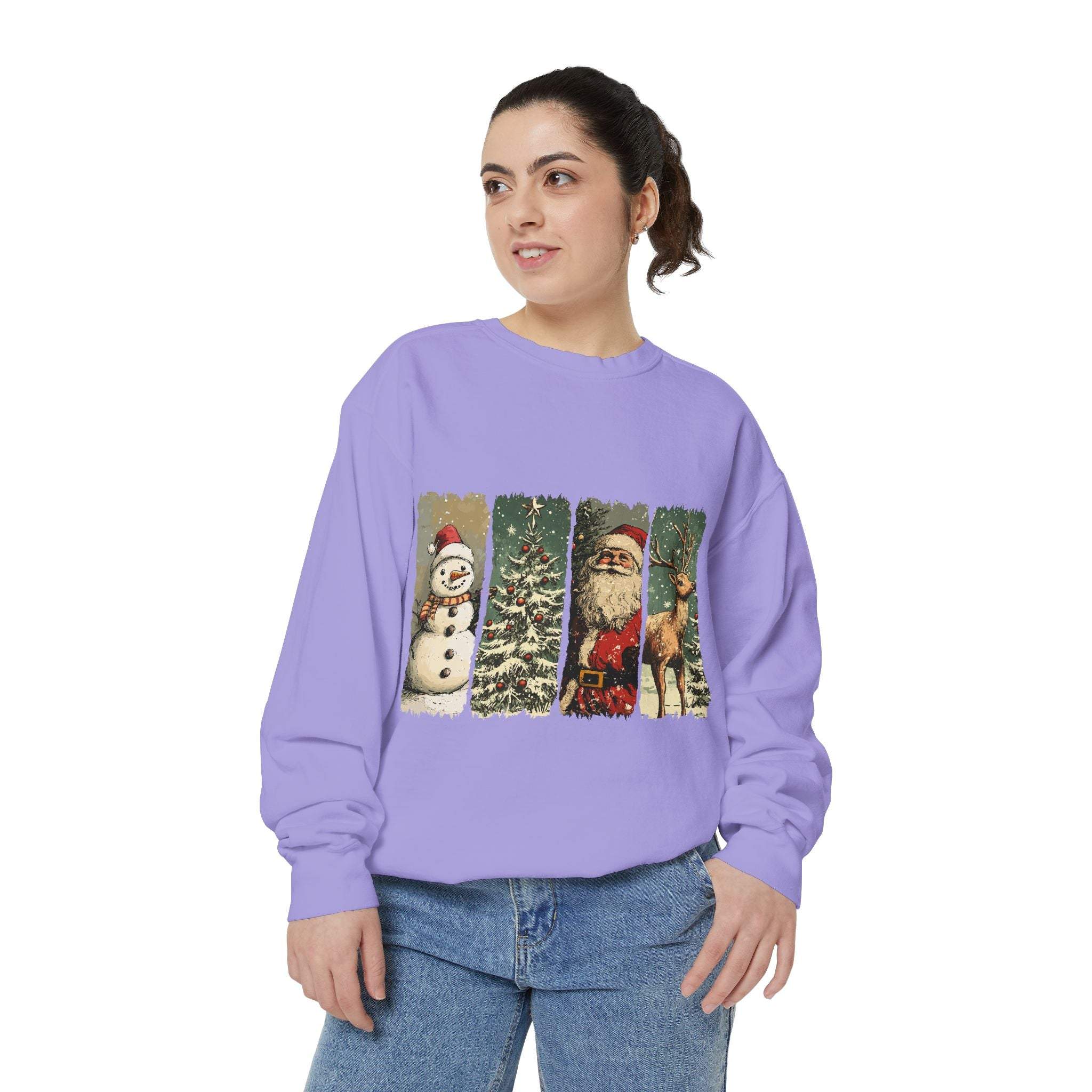 Vintage Christmas sweatshirt with watercolor holiday swatches featuring snowman, tree, Santa, and reindeer on purple fabric
