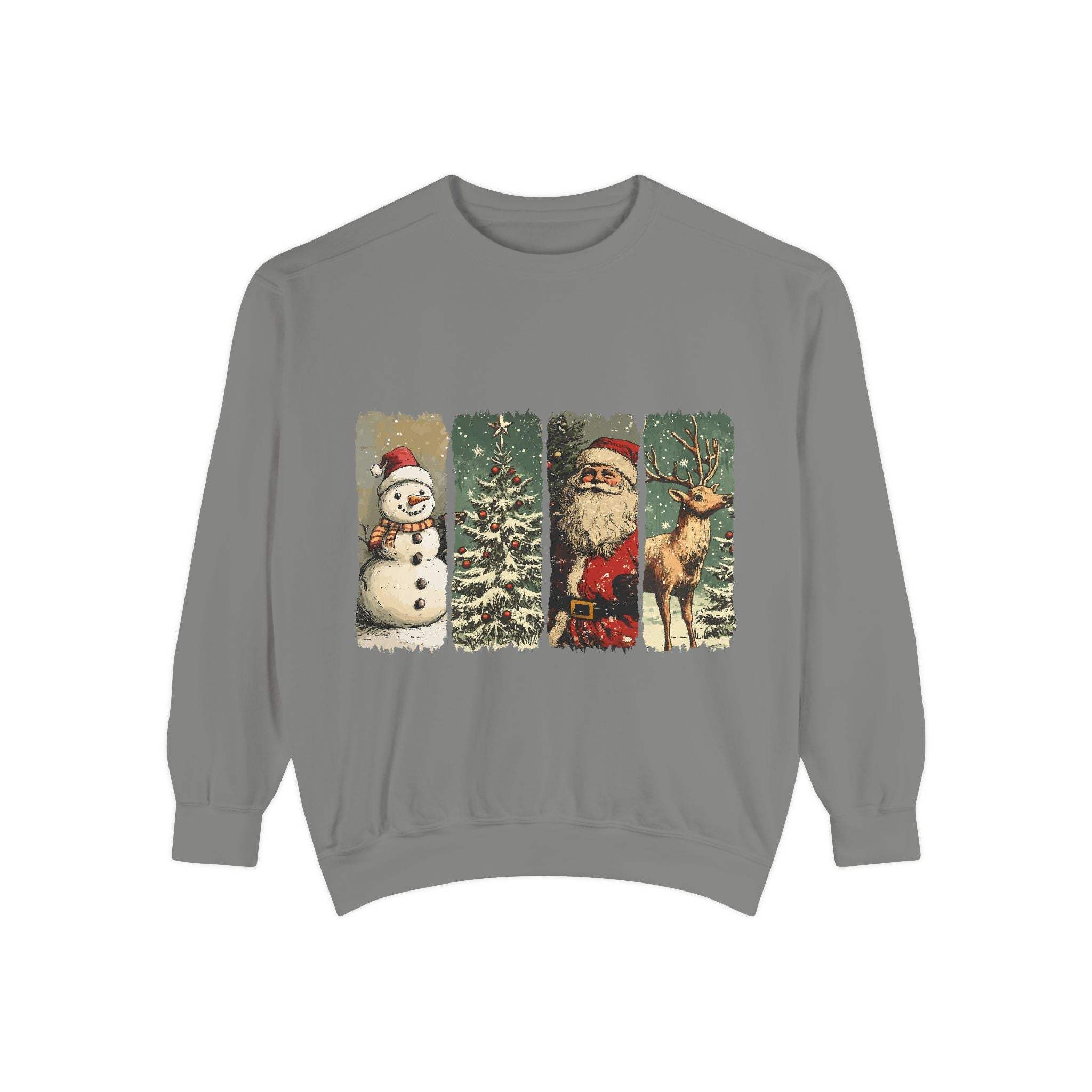 vintage Christmas sweatshirt with watercolor snowman, Christmas tree, Santa, and reindeer design on gray fabric