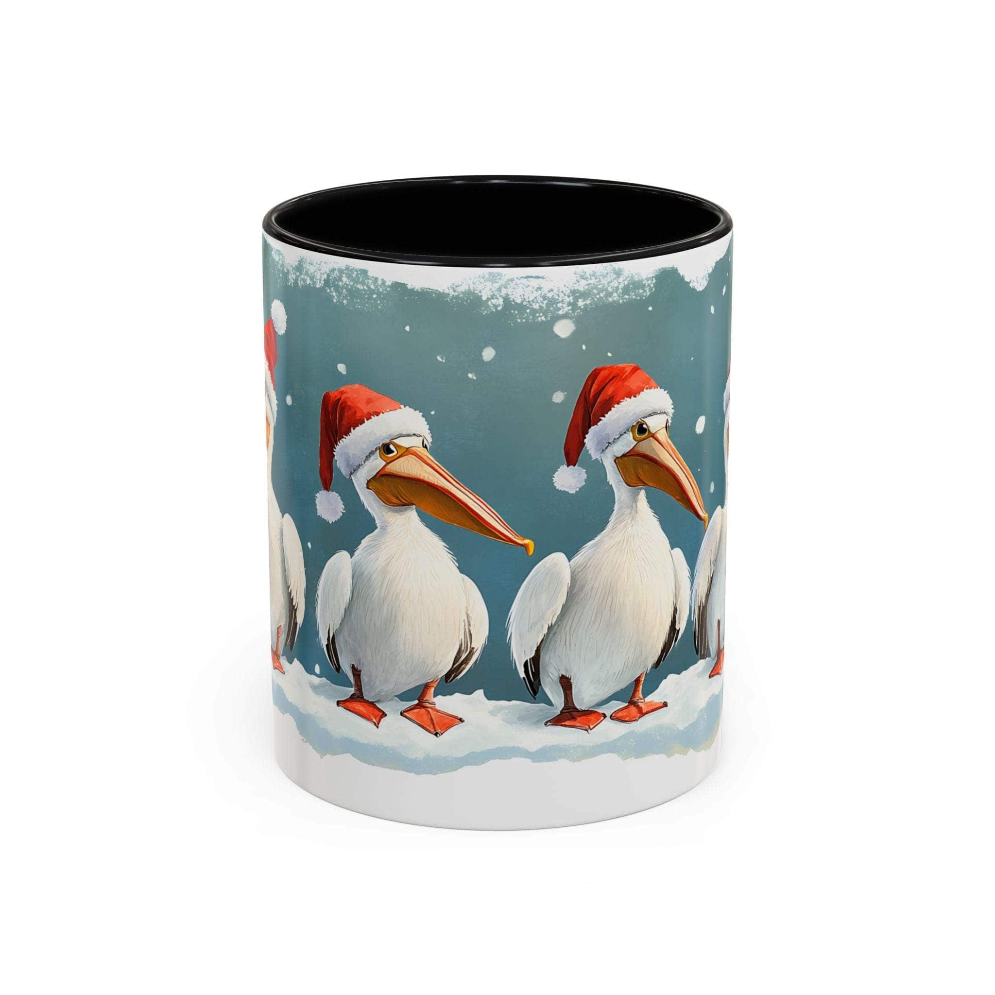 Mug with Christmas-themed design featuring pelicans wearing Santa hats on a snowy background.