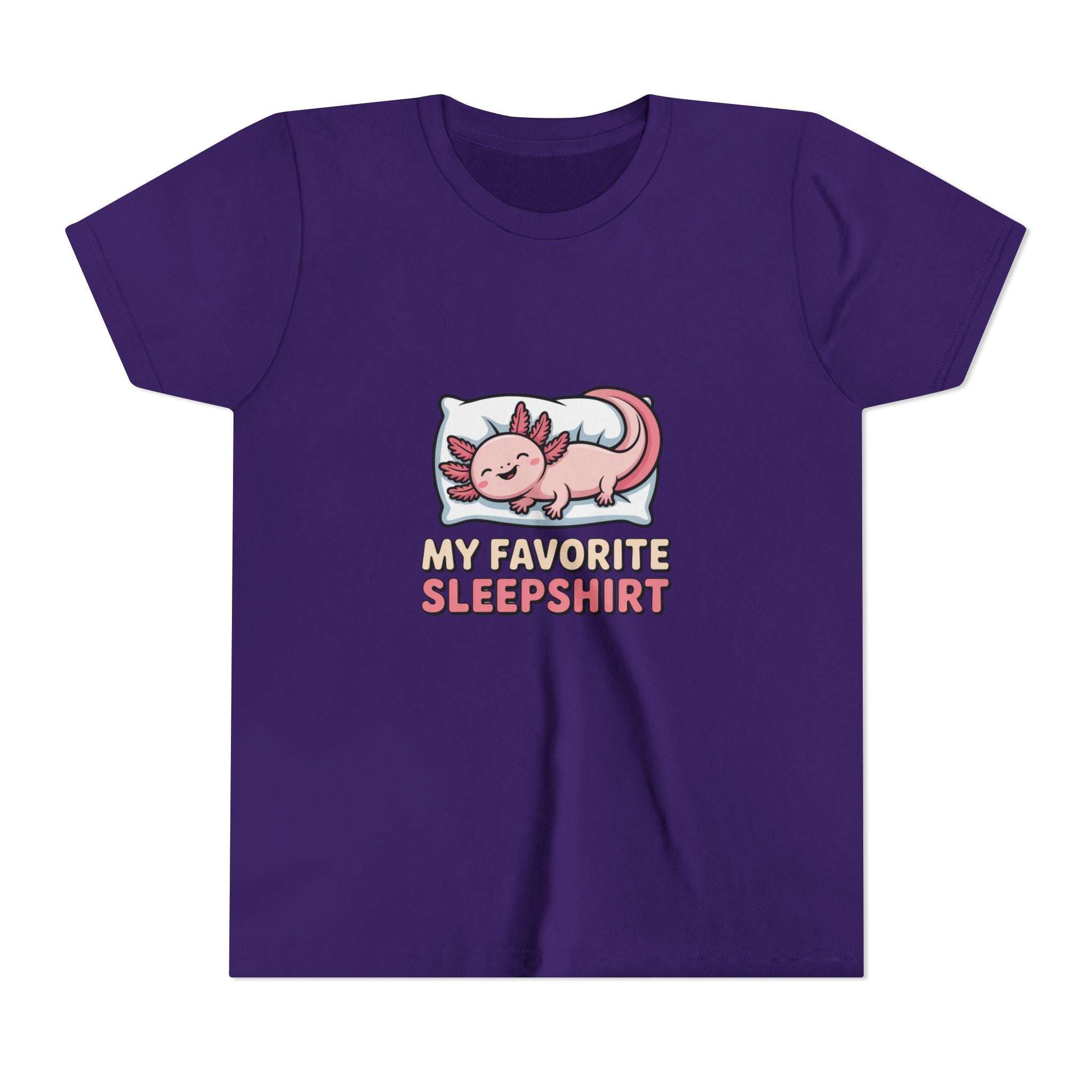 Purple t-shirt with axolotl graphic and text 'My Favorite Sleepshirt' on a white background