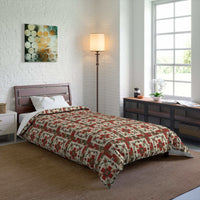 Rustic Patchwork Christmas Comforter with worn plaids and leather tones on cozy bed