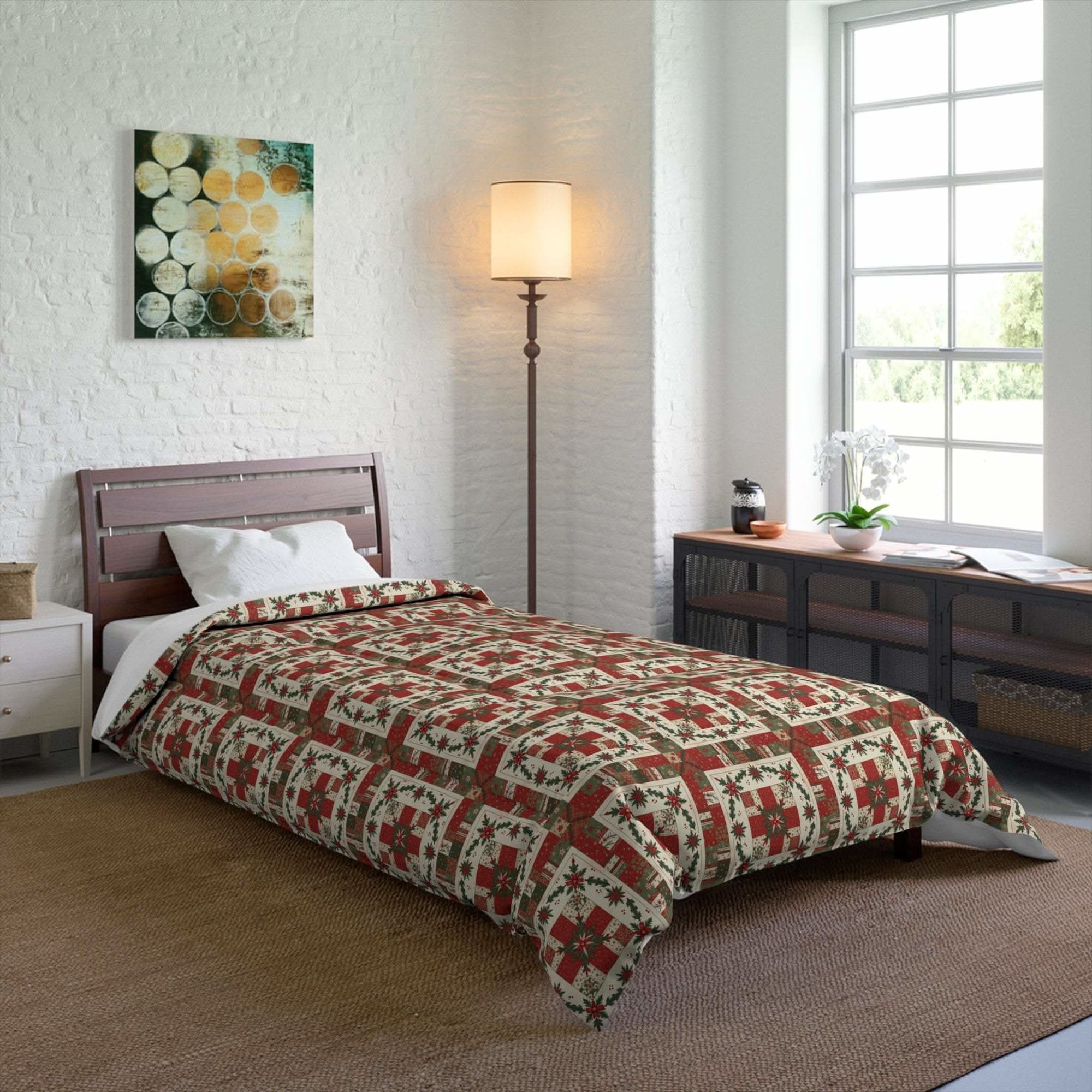 Rustic Patchwork Christmas Comforter with worn plaids and leather tones on cozy bed