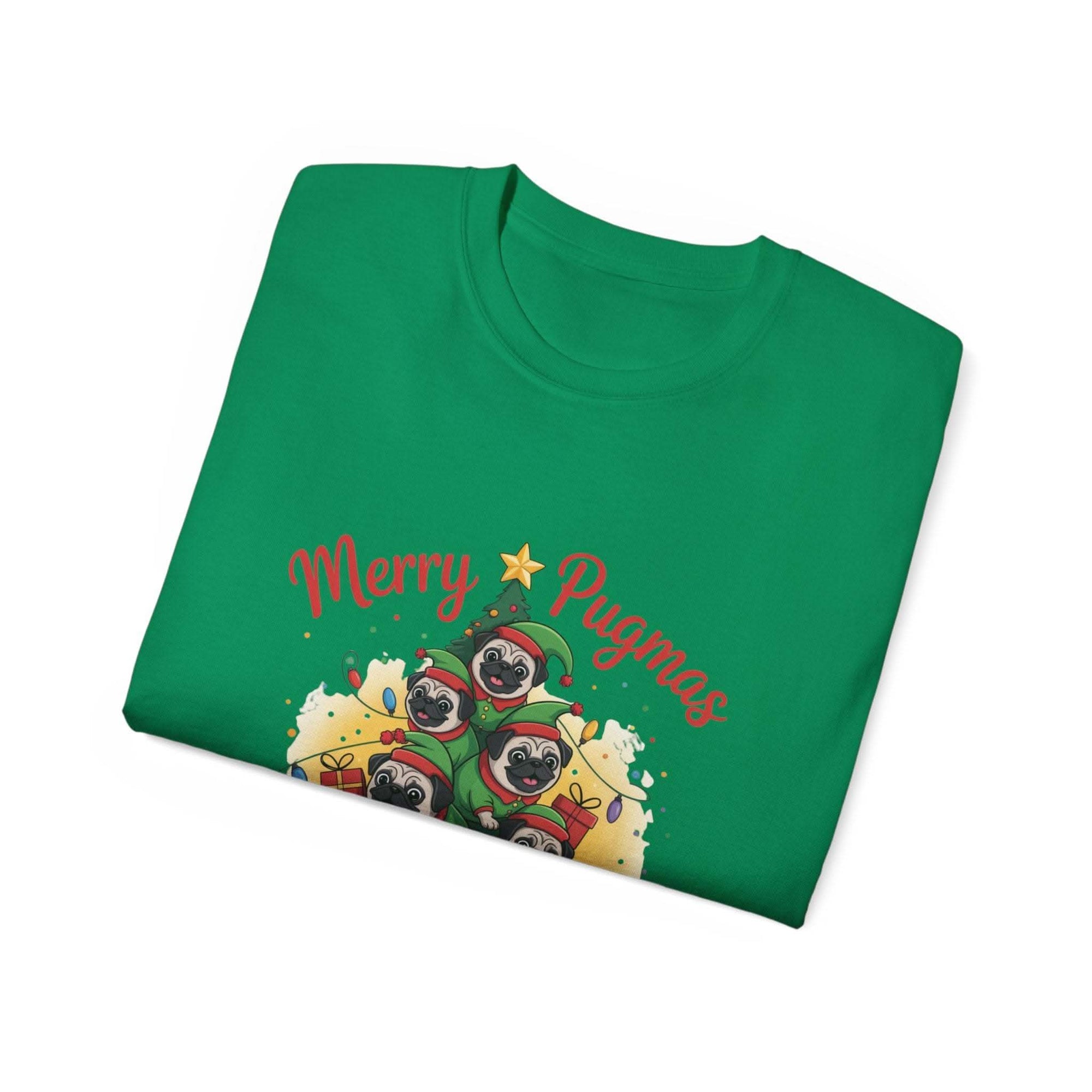 Black Merry Pugmas holiday t-shirt from Printify, featuring festive pug design for dog lovers.