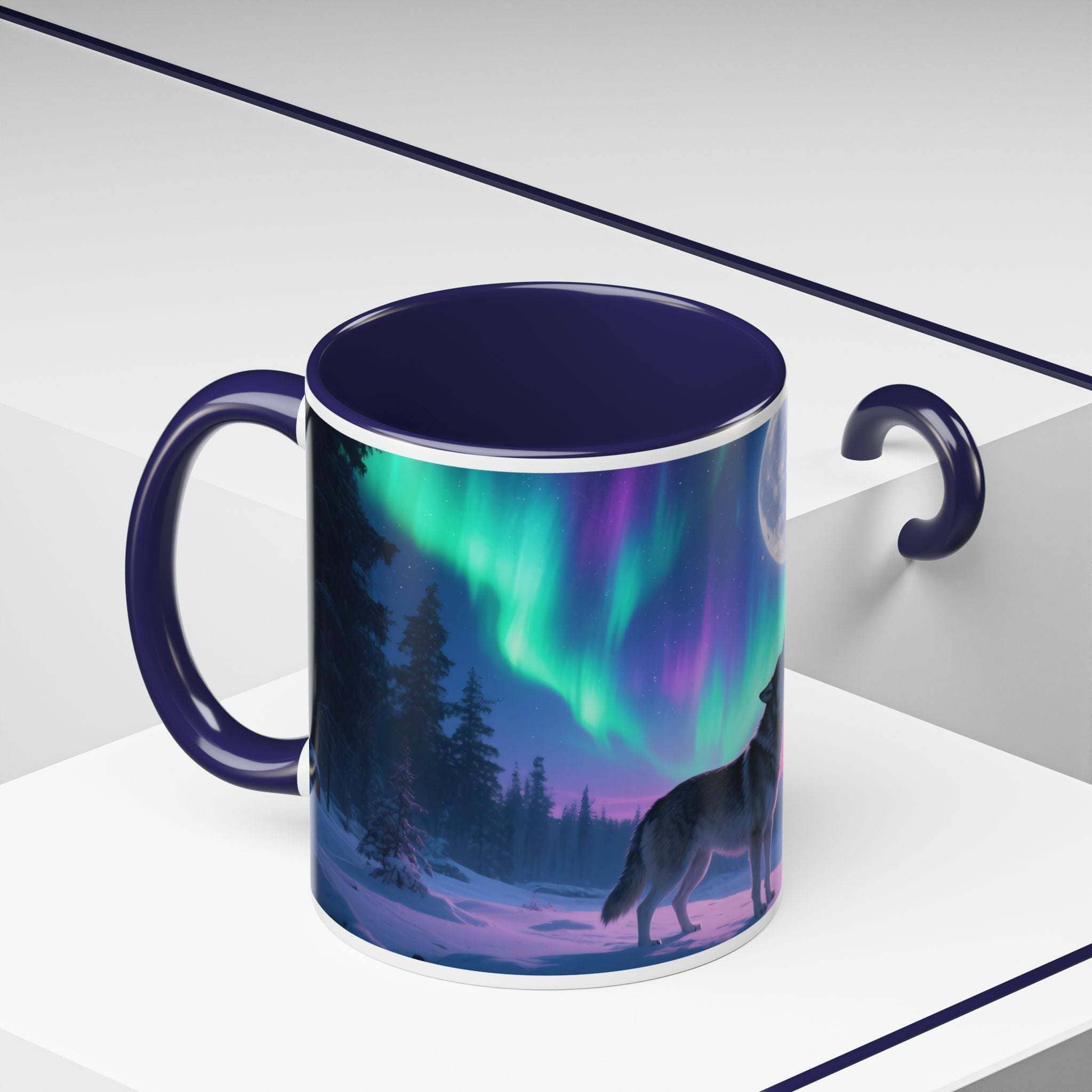 Mug with a design of a wolf under the Northern Lights on a white surface.