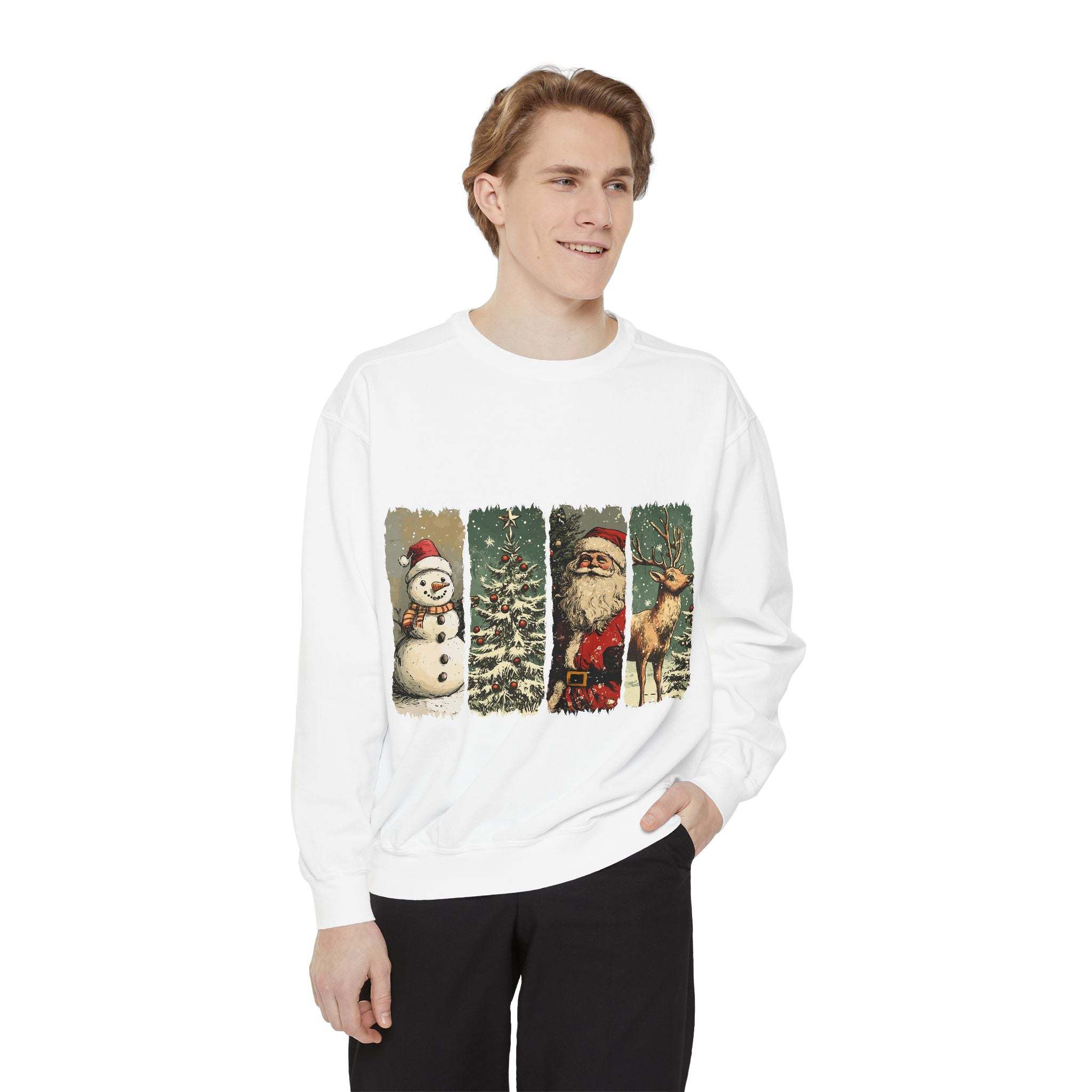 Vintage Christmas sweatshirt with watercolor holiday swatches featuring snowman, Christmas tree, Santa, and reindeer designs.