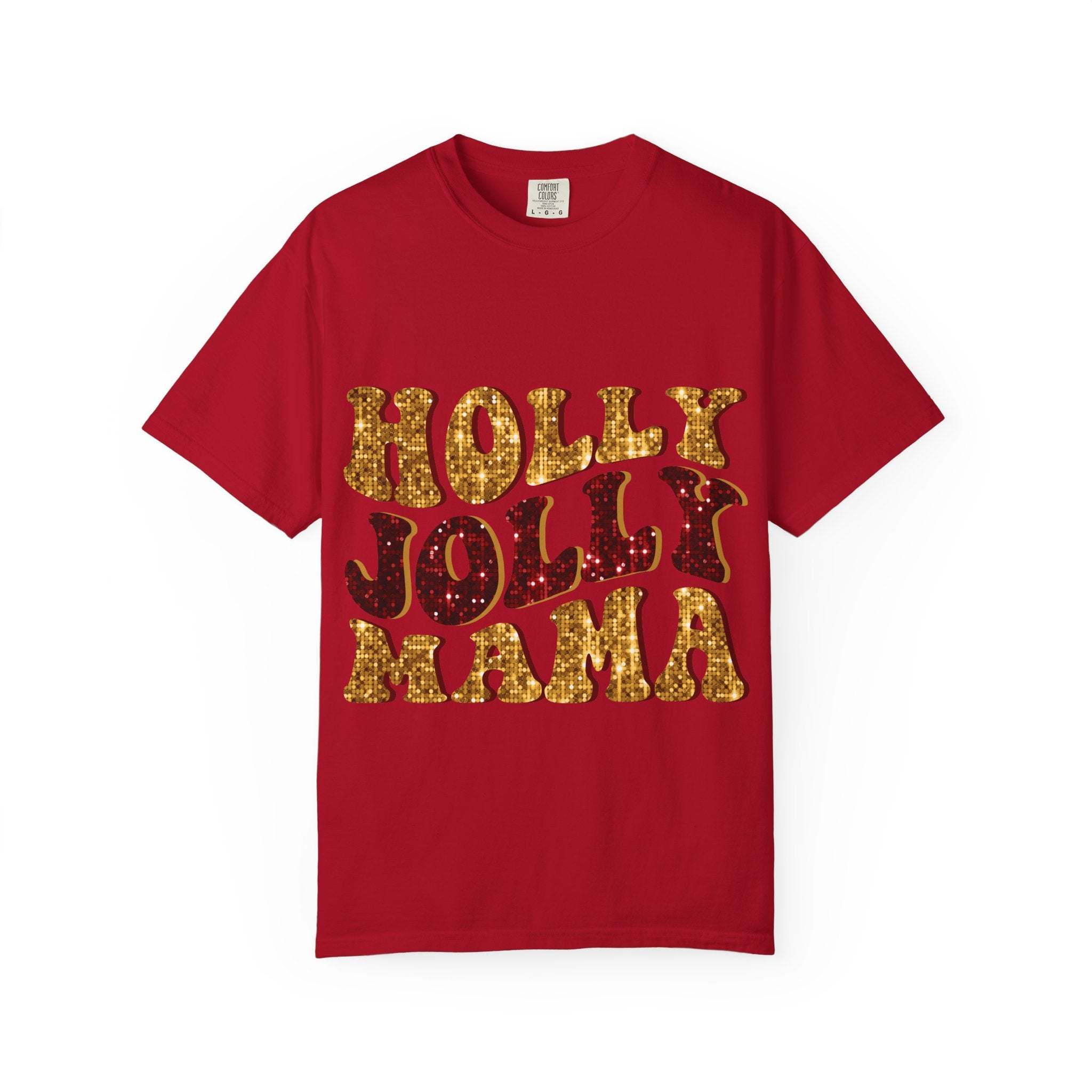 red Faux Glitter Holly Jolly Mama t-shirt with gold and red glitter text festive holiday tee for moms