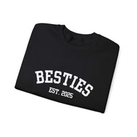 Black t-shirt with 'BESTIES EST. 2025' text on a white background