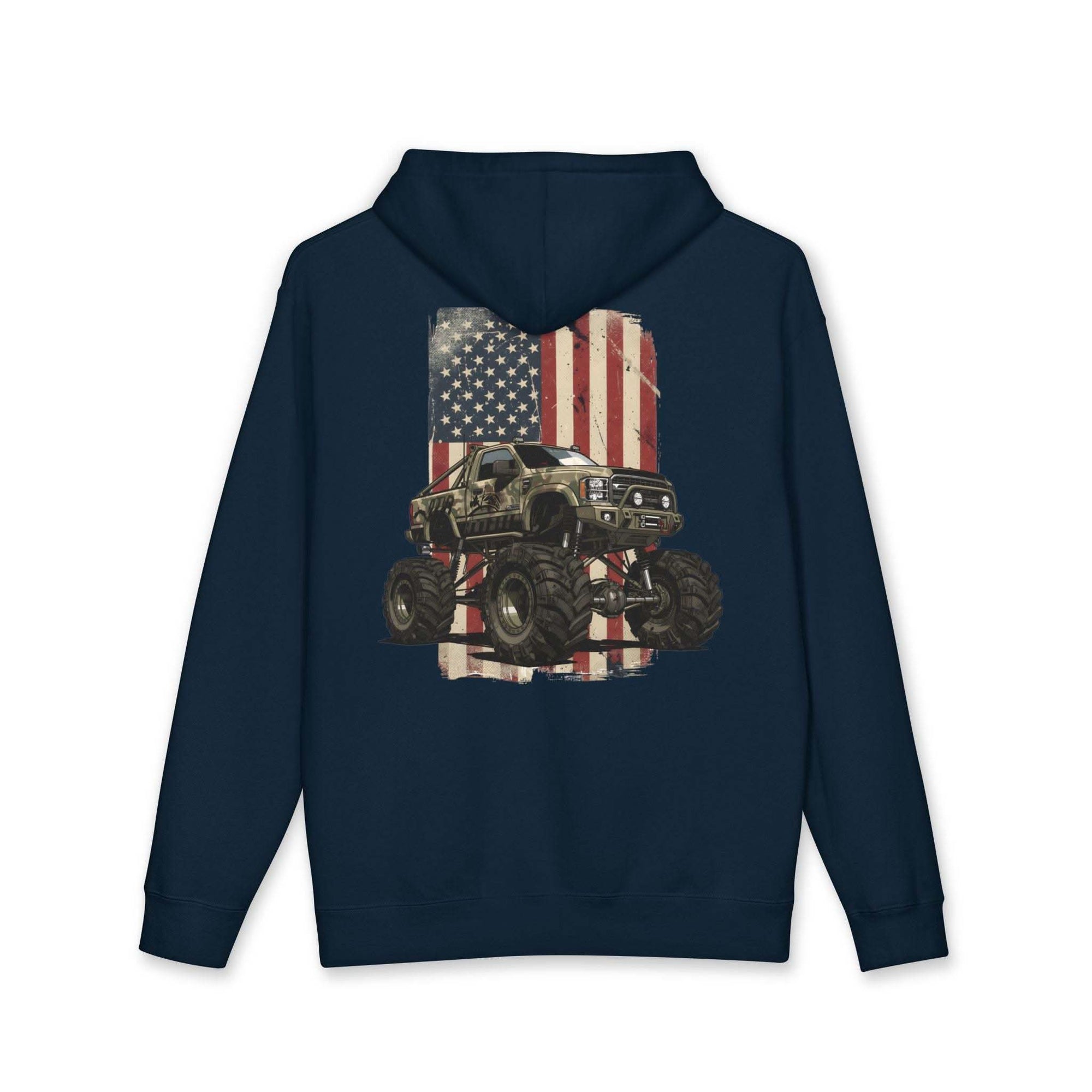 American Flag Monster Truck hoodie with camouflage truck and distressed flag design