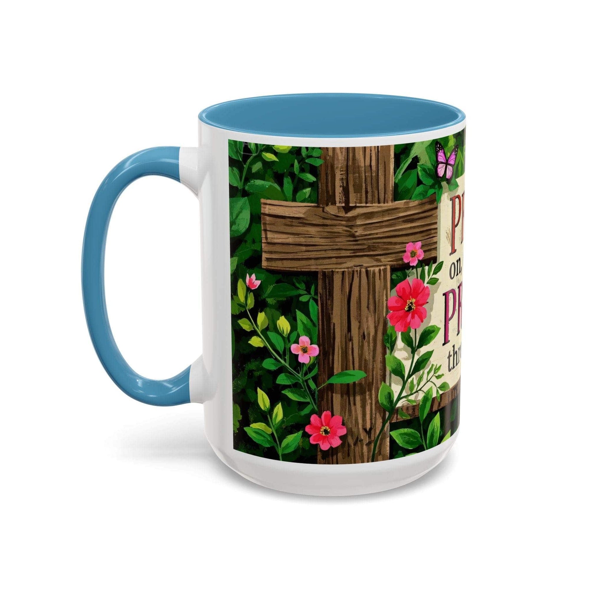 Mug with floral design and text on a white background