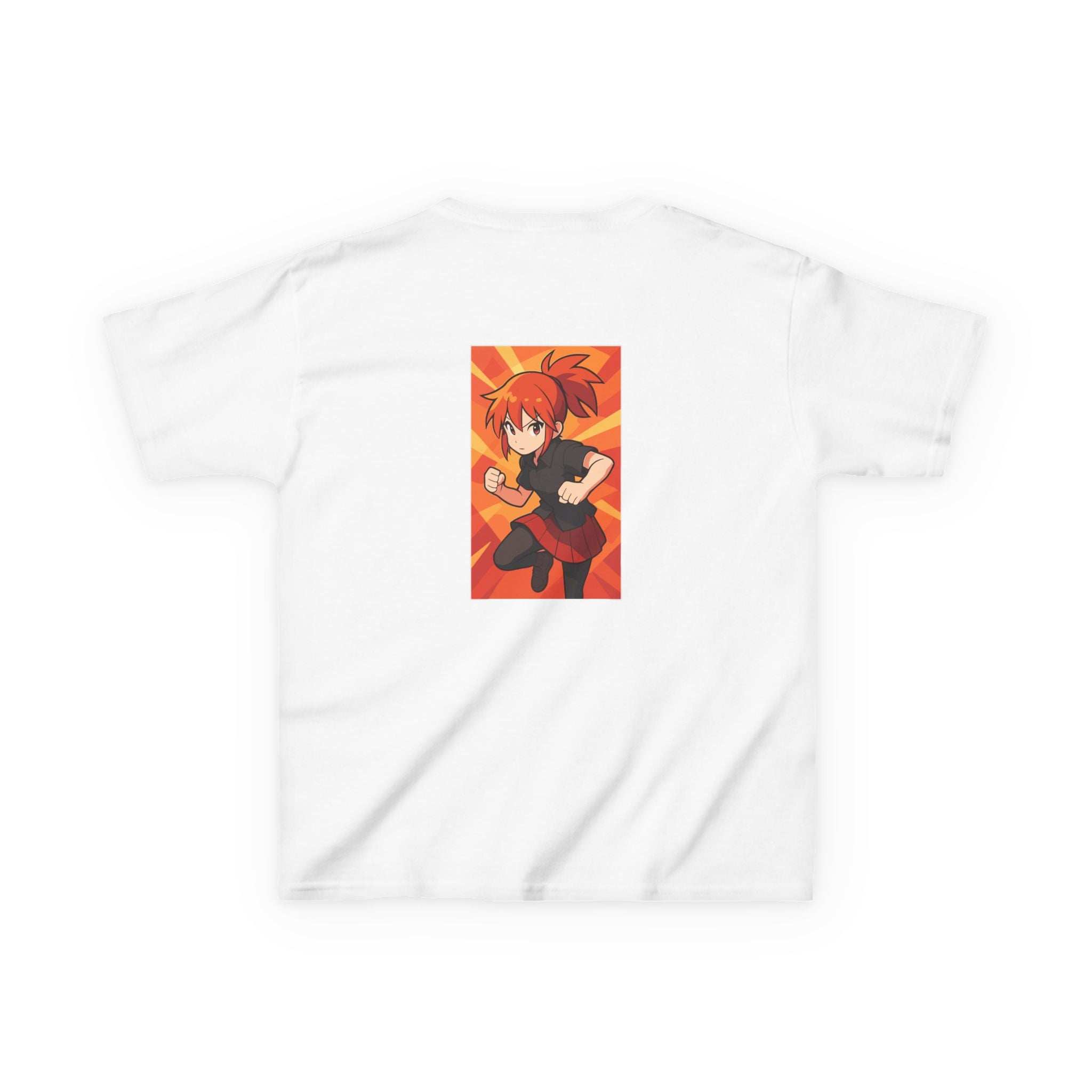 White 100% cotton kids t-shirt featuring an anime power girl design from Printify