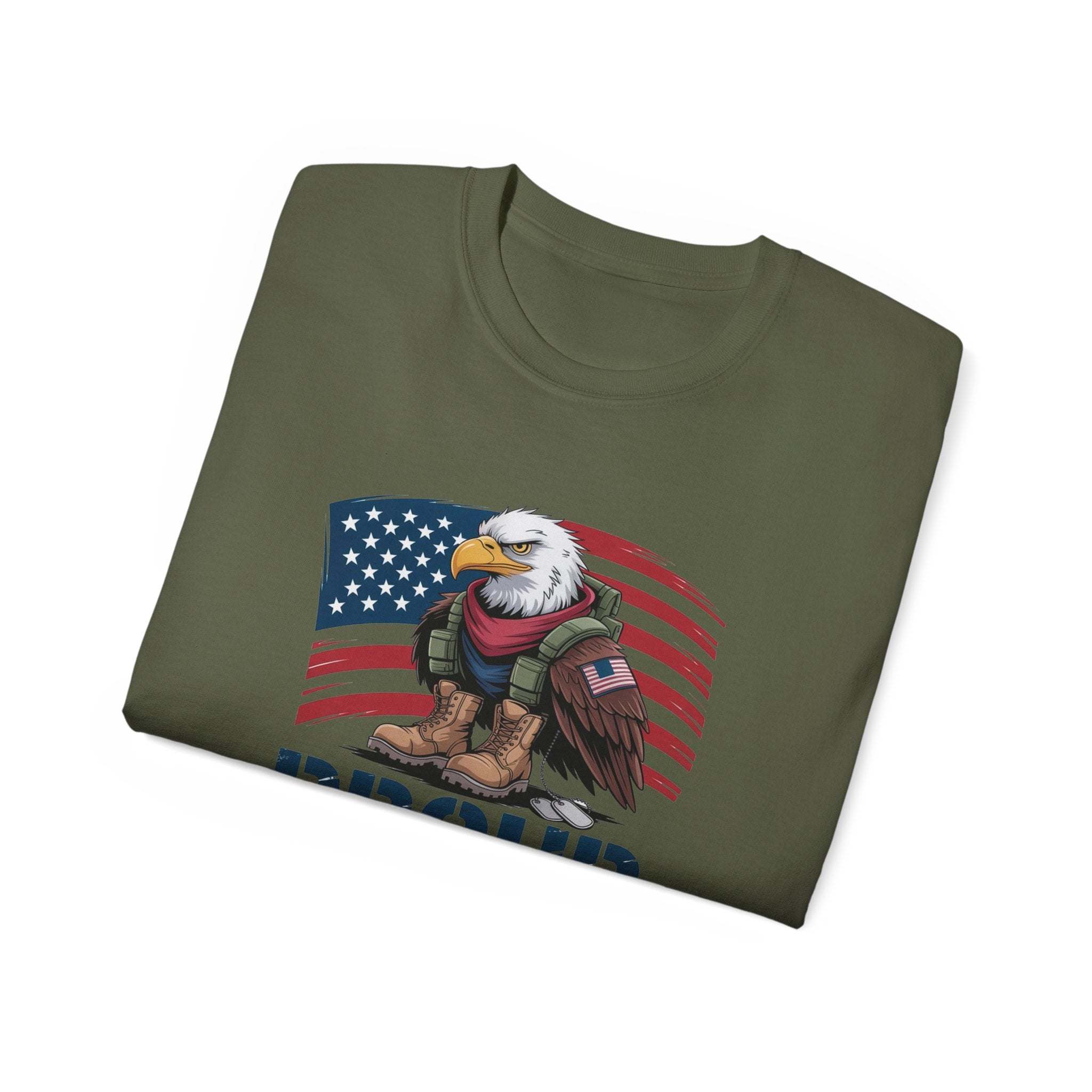 Folded green Proud Veteran T-shirt with eagle and American flag design, unisex veteran tee shirt
