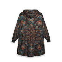 Hooded coat with a large, intricate pattern on a white background
