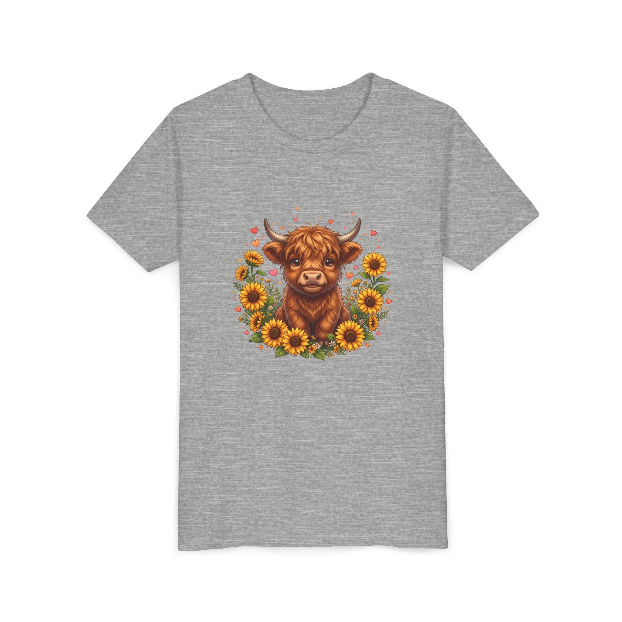 Highland Cow with Sunflowers Youth Tee | Cute Calf Floral Kids Shirt