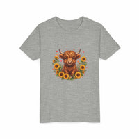 Youth tee featuring Highland Cow with Sunflowers design on soft cotton fabric