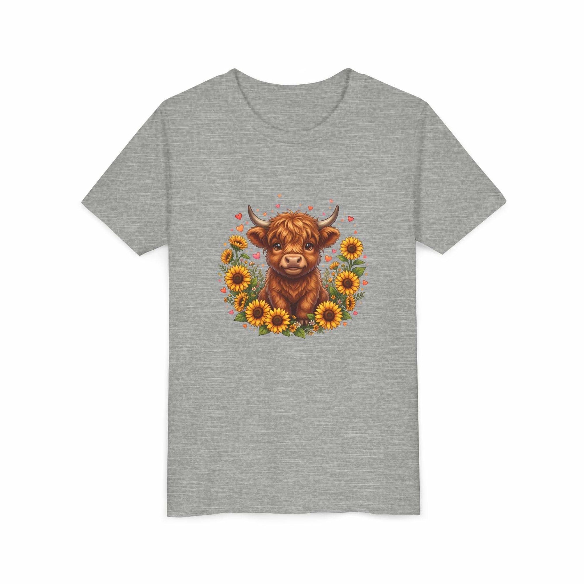 Youth tee featuring Highland Cow with Sunflowers design on soft cotton fabric