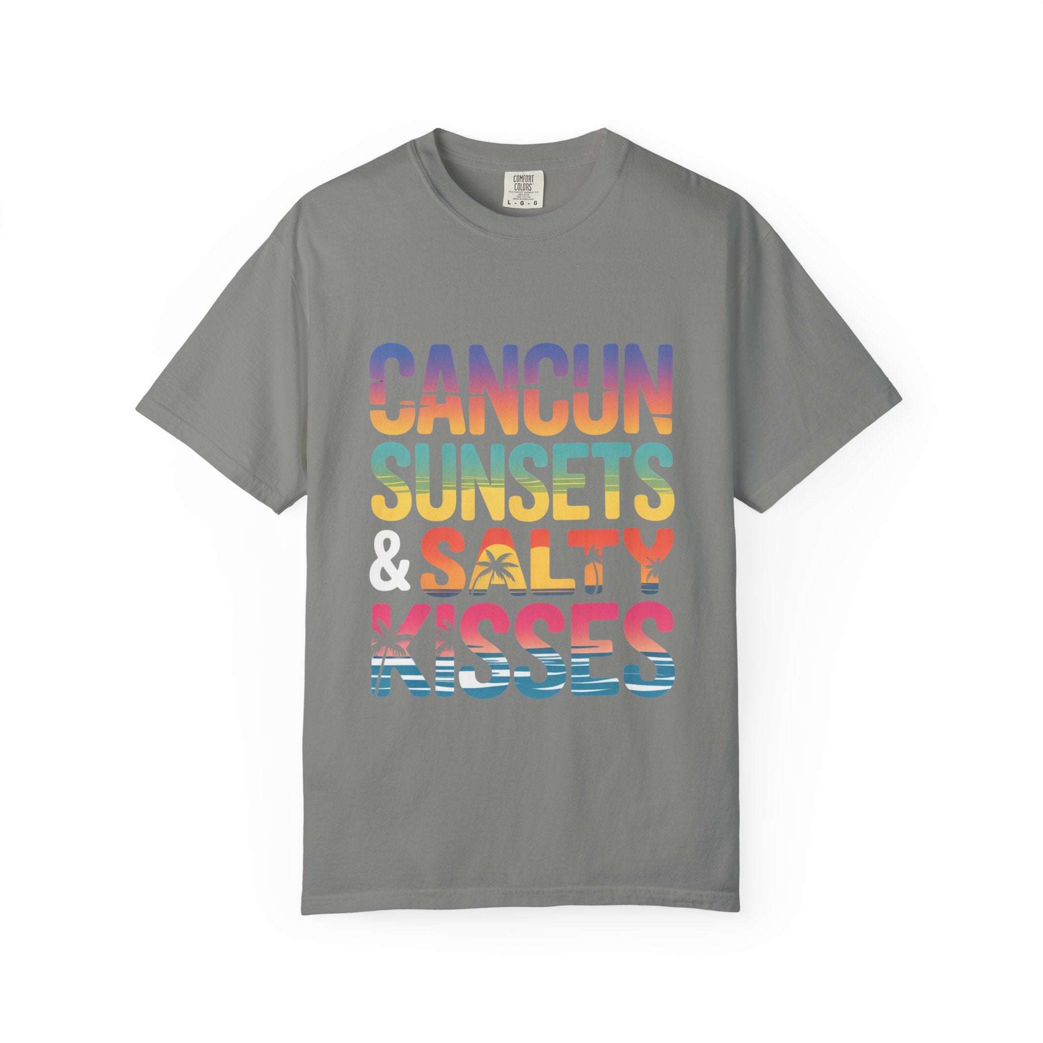 Gray t-shirt with colorful text 'Cancun Sunsets & Salty Kisses' on a white background