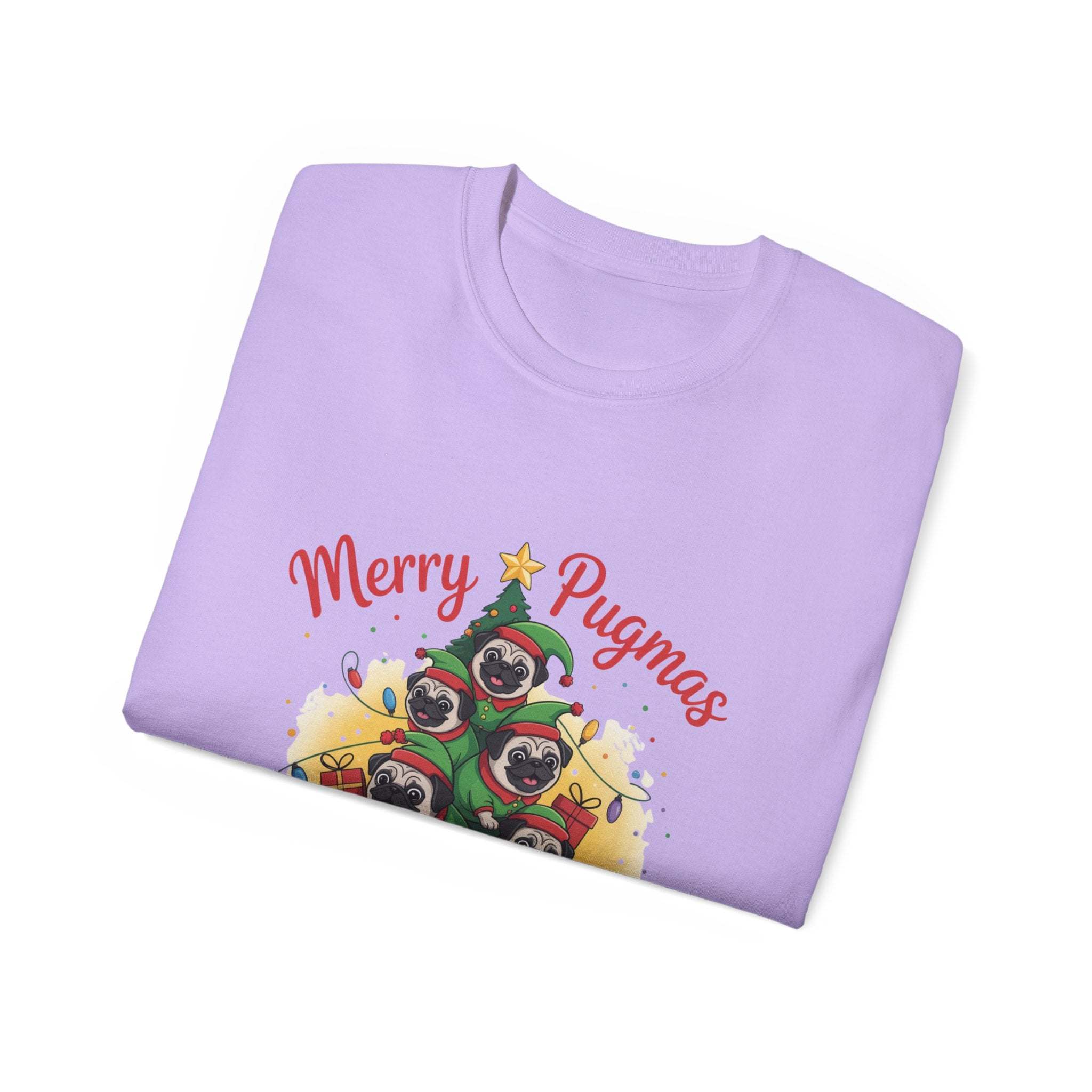 Black Merry Pugmas holiday t-shirt from Printify, featuring festive pug design for dog lovers.