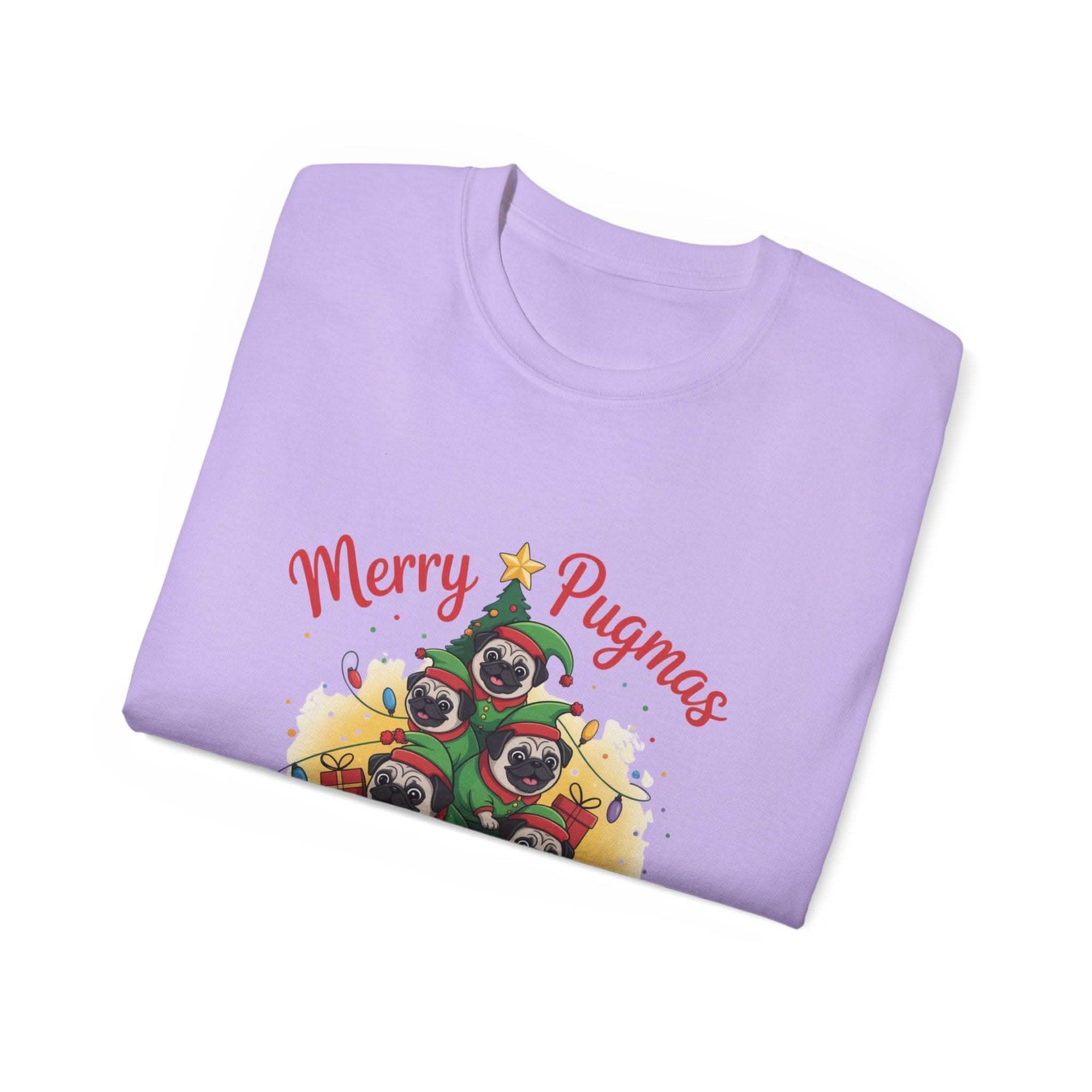 Black Merry Pugmas holiday t-shirt from Printify, featuring festive pug design for dog lovers.