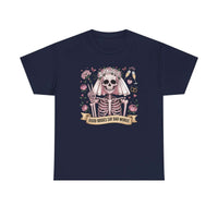 Bride Skull Illustration Tee with skeleton bride, roses, champagne flutes, and "Good brides say bad words" banner on white cotton shirt