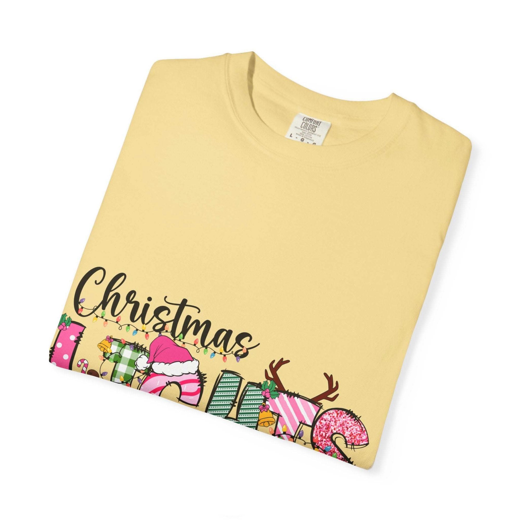 Christmas Lights Are My Favorite Color T-shirt in soft garment-dyed cotton with relaxed fit and festive holiday text design