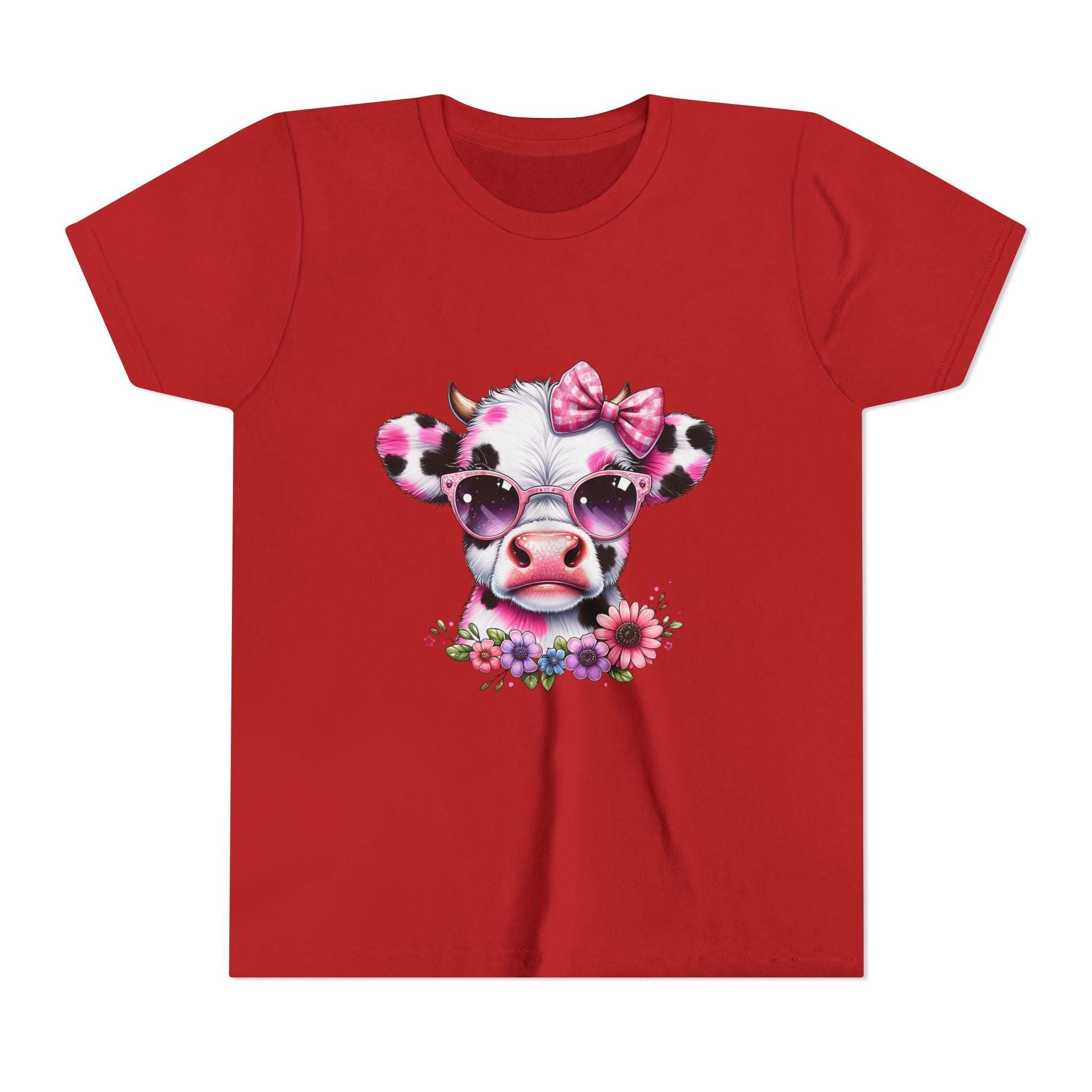Red t-shirt with a cow wearing sunglasses and a bow design on a white background